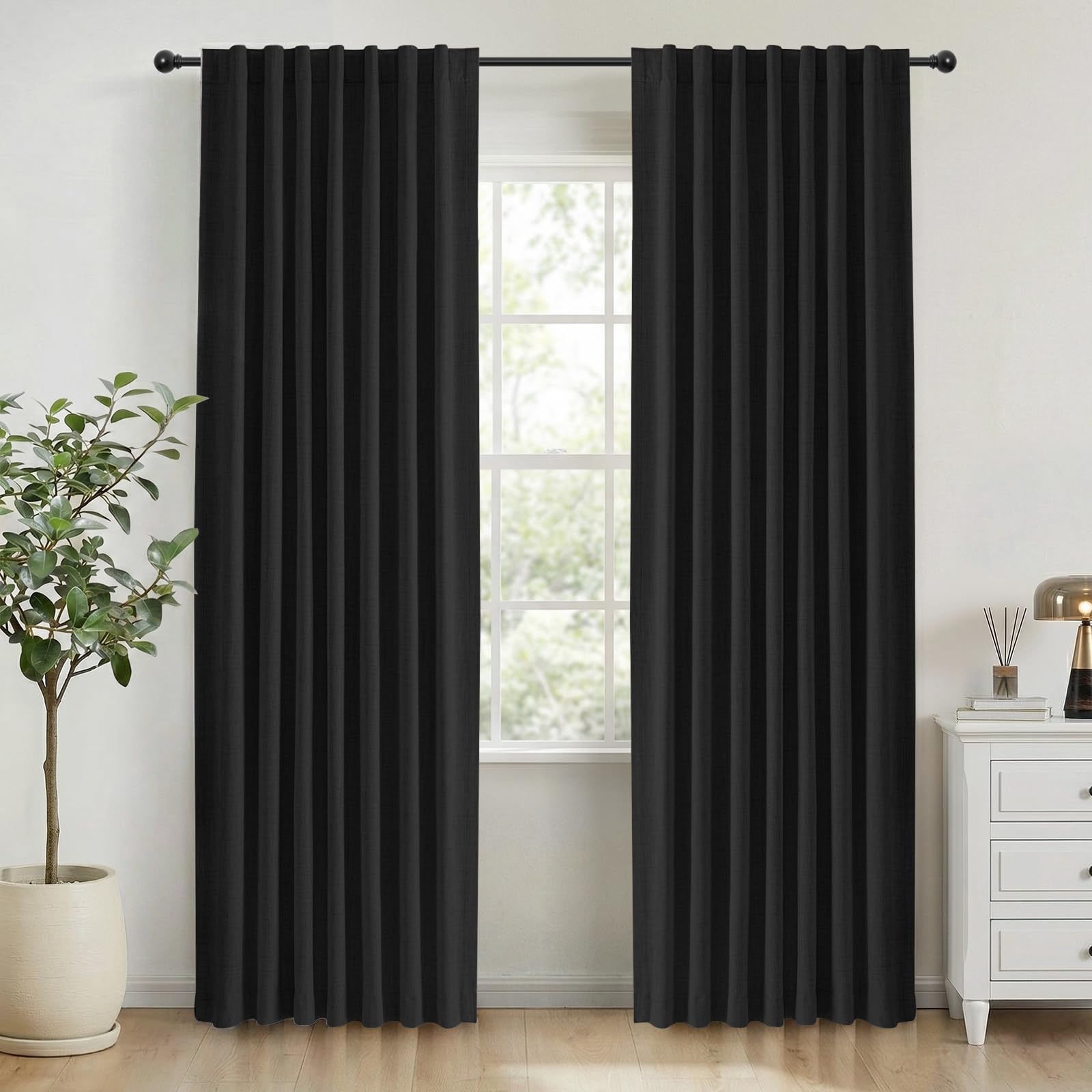 INOVADAY 100% Blackout Curtains for Bedroom 84 Inch Drop 2 Panels Thermal Insulated Curtains for Living Room, Back Tab Rod Pocket Black Curtains with Coating Back Layer,50" W x 84" L — image 1