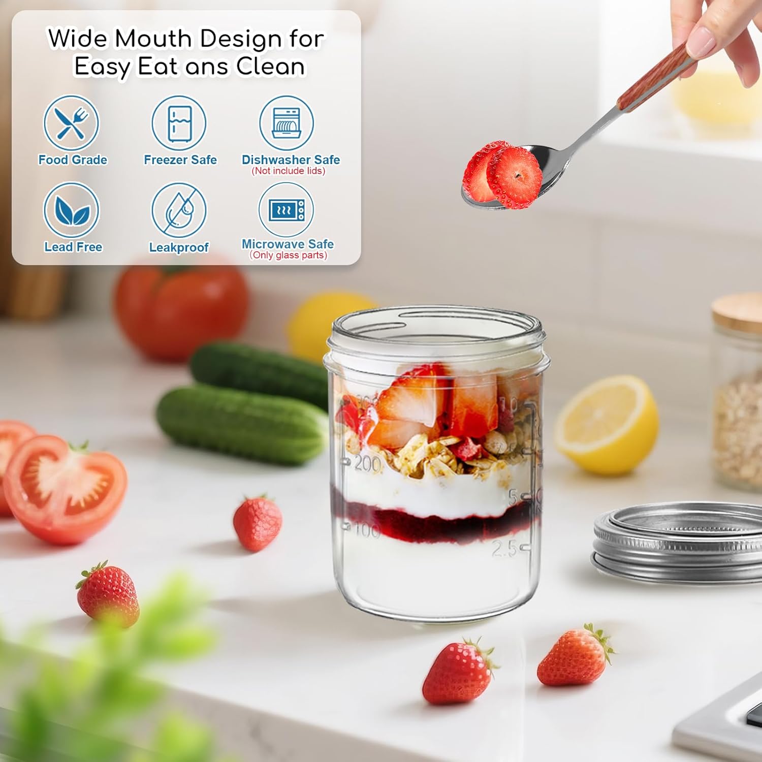 4 Pack Overnight Oats Containers with Lids and Spoons, Dual-Layer Chia Pudding Jars with Dry/Wet Separation,Yogurt Parfait Cups, 16 oz+4oz Glass Mason Salad Jars with Lids for Breakfast Oatmeal Cereal - Image 6