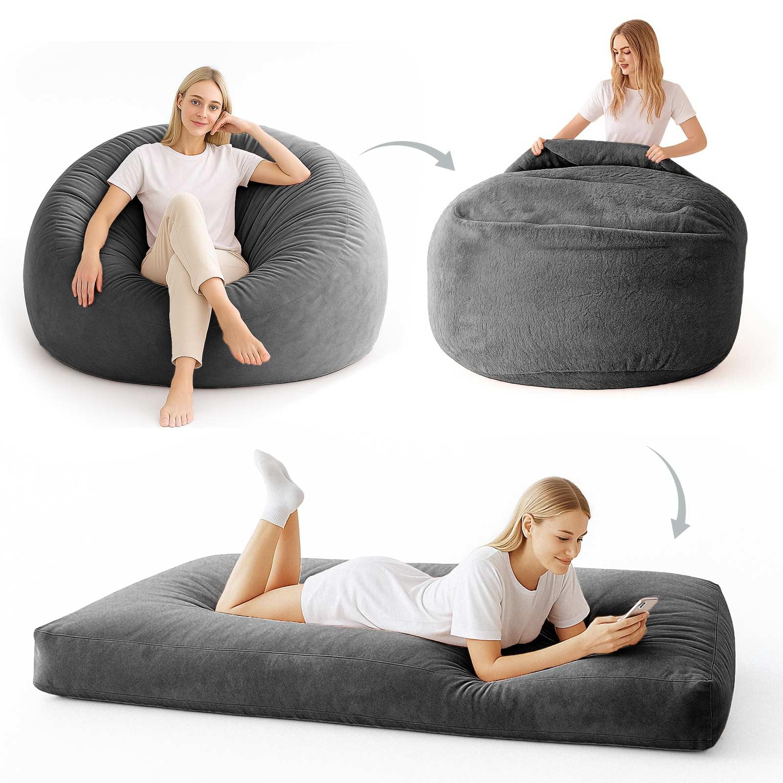 Big Bean Bag Chairs for Adults,Bean Bag with Filler Included,Memory Foam Bean Bag,Giant beanbag,Suitable for Reading Chairs in Living Room, Bedroom and Dormitory. (Dark Gray, Bean Bag Bed)