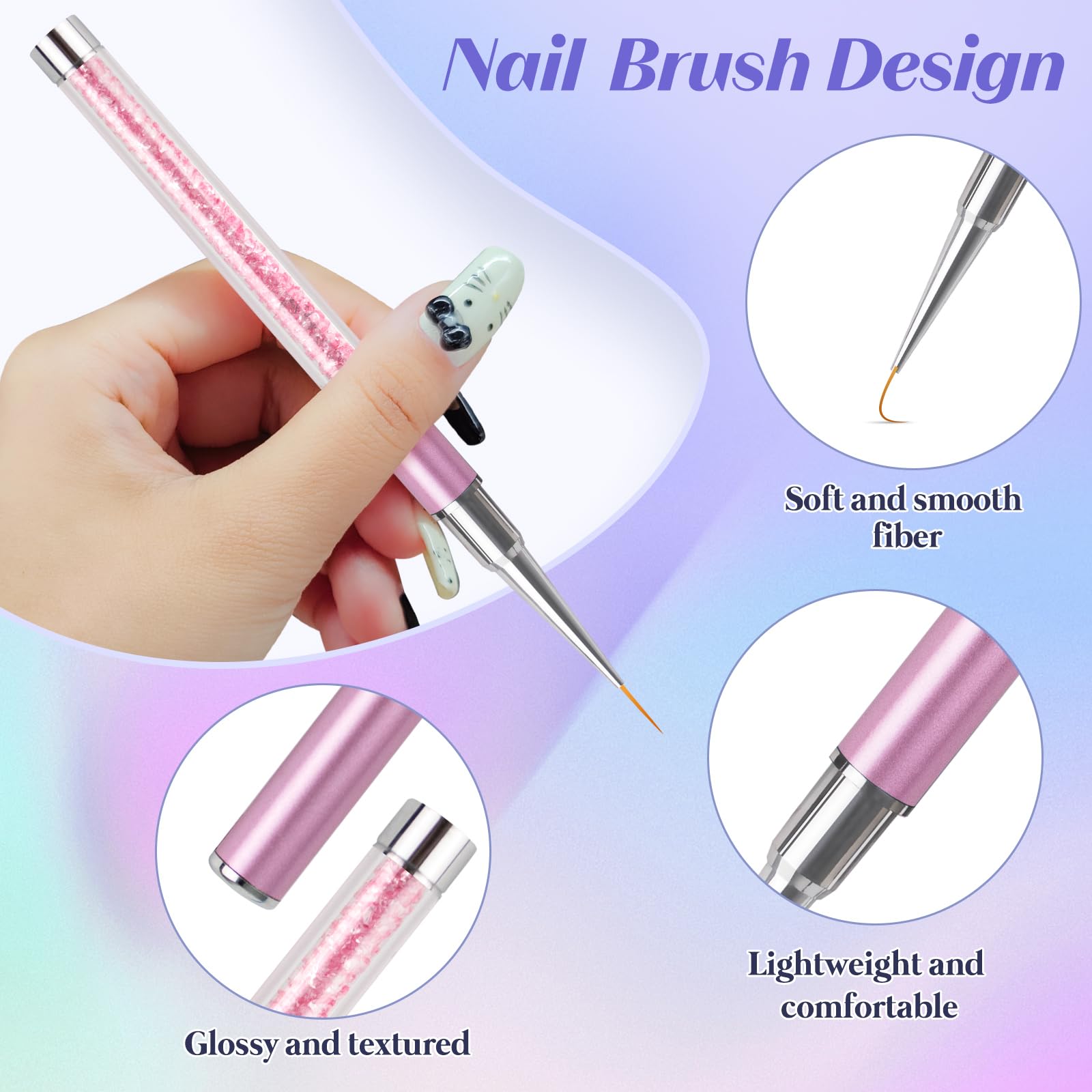 Pennelli per nail art, 5 pezzi, pennelli per nail art con pennello e penna fine per nail art per salone a casa, manicure fai da te (5/7/9/11/20 mm)