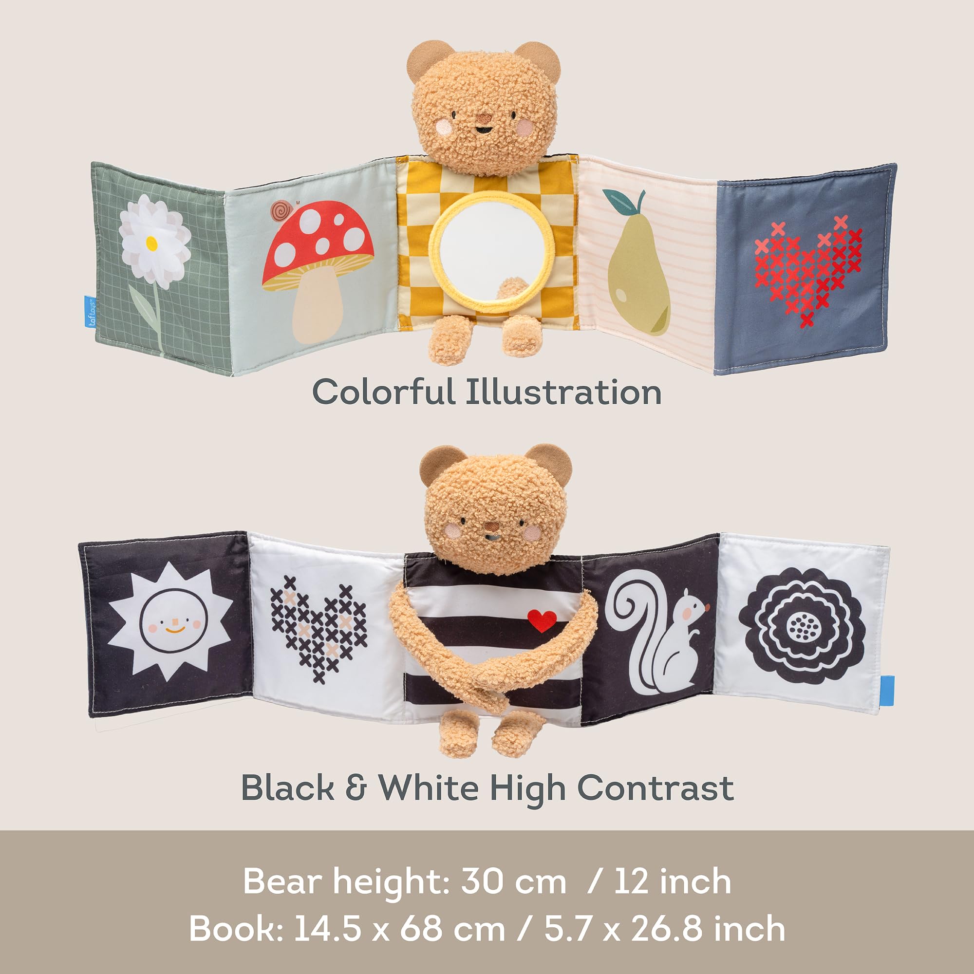 Taf Toys Black & White Sensory Newborn Book, High Contrast Side for Infant Brain Development, Vibrant Colors & Baby Mirror, Plush Bear for Tummy Time Books 0-6 Months - Baby Gifts for Boys Girls