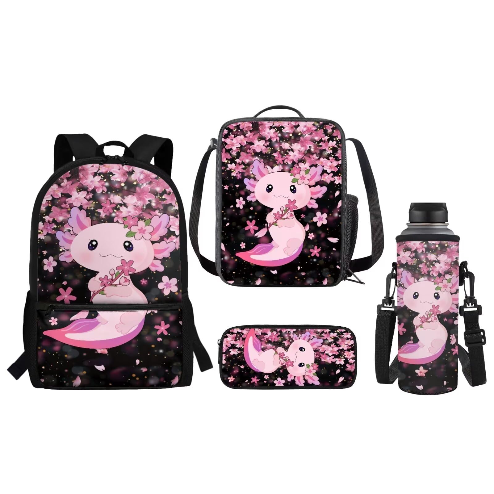 JEOCODY Axolotl Backpack for Girls Kids School Bookbag with Lunch Box Pencil Case Water Bottle Holder Waterproof Daypack Kindergarten Primary