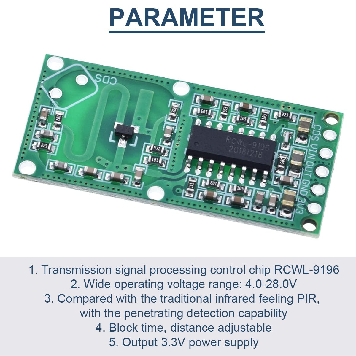5 pezzi RCWL-0516 Modulo radar a microonde Sensore interruttore a induzione del corpo umano Scheda distanza di rilevamento 3,3 V per Arduino/Raspberry PI con cavo jumper, intestazione a 40 pin