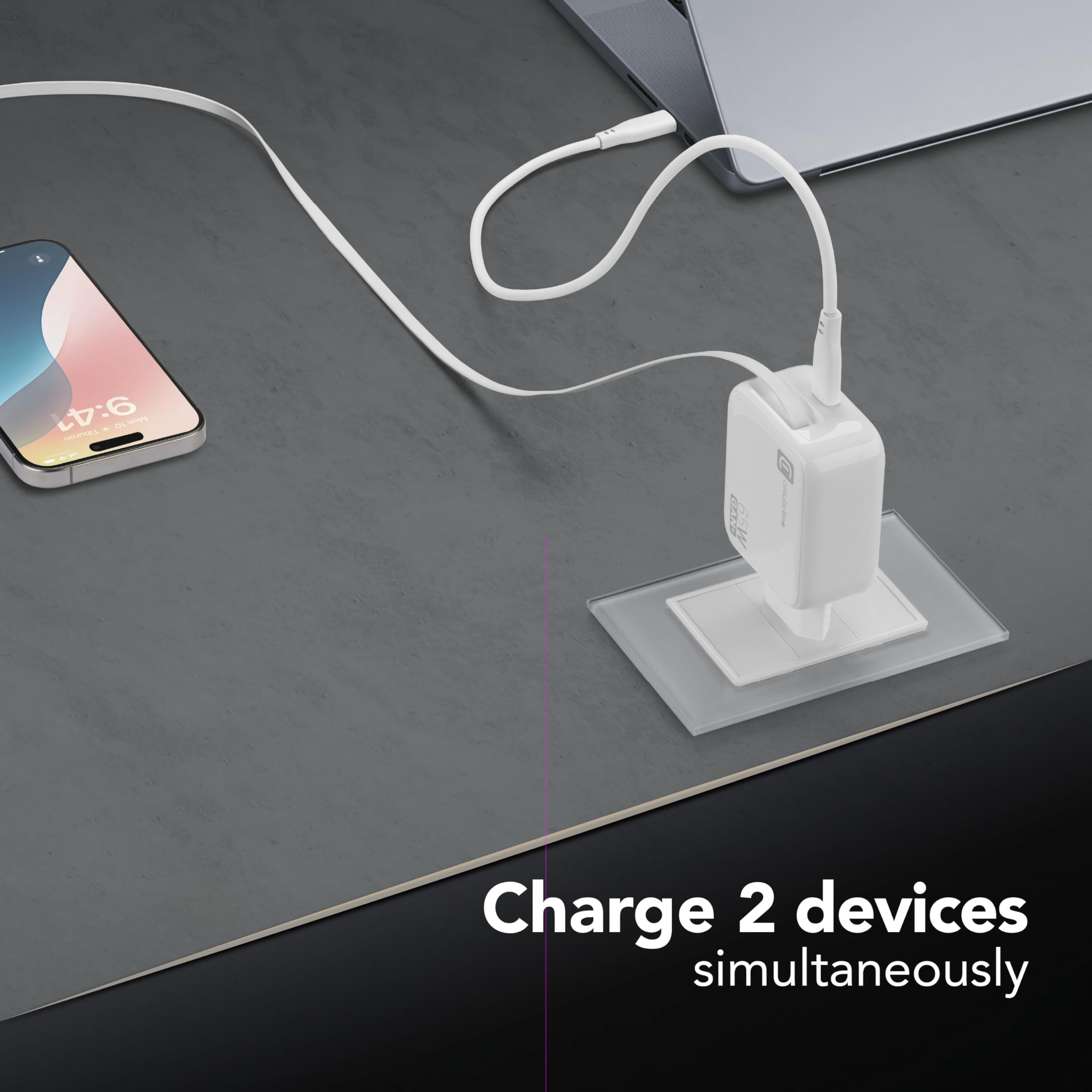 Cellularline Chargeur Secteur 65W avec Câble USB-C Rétractable de 90 cm, Technologie GaN, Double Port USB-C Power Delivery, Compact pour Smartphones, Tablettes et Ordinateurs Portables, Blanc