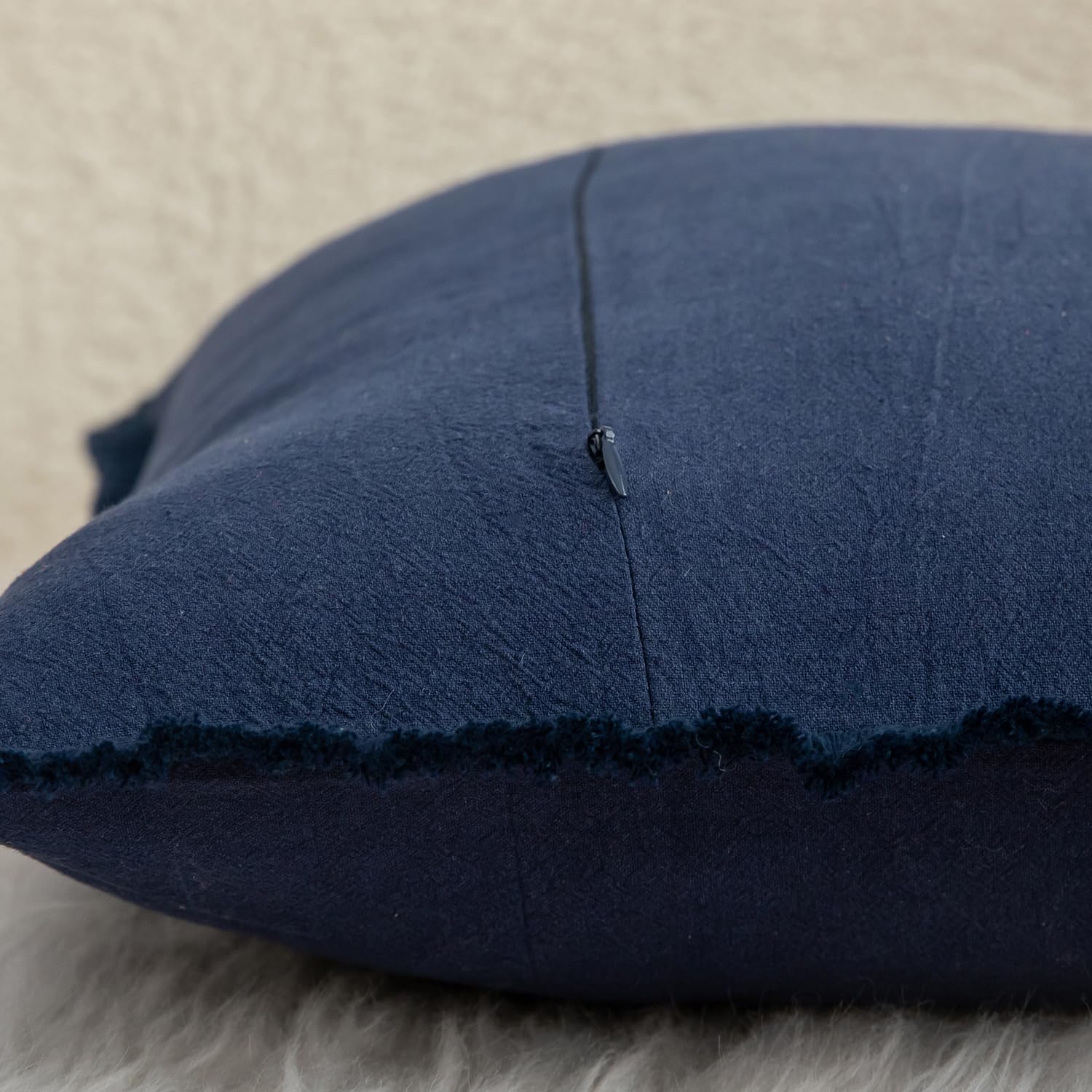 Mandioo Set of 2 Neutral Cotton Fringe Cushion Covers 55x55 cm 22x22 inch Decorative Boho Farmhouse Throw Pillowcase Cozy Tassels for Couch Sofa Bedroom Living Room Home Decor Navy Blue - Image 3