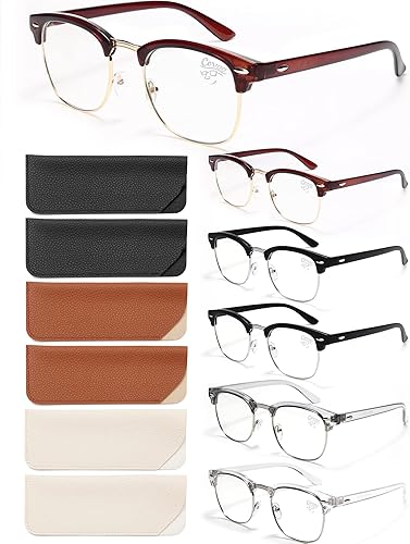 Paquete de 6 lentes de lectura con bloqueo de luz azul, lectores retro sin montura para hombres y mujeres, filtro de anteojos redondos UV400 (A1