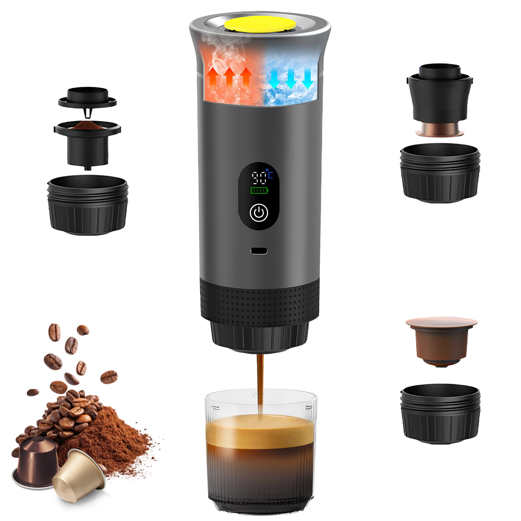 Máquina de Café Portátil, 3 en 1 Cafeteras de Espresso con Cápsulas con Pantalla Digital, Máquina de Espresso con Cápsulas y Café Molido Calentamiento Rápido para Oficina, Viaje, Camping, Hogar
