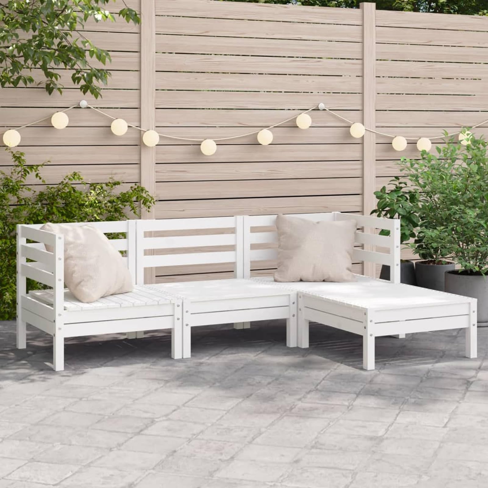Gecheer Divano da Giardino 3 Posti Con Poggiapiedi, Modulare, Salottino da Esterno, Mobili da Giardino, Bianco Massello Pino