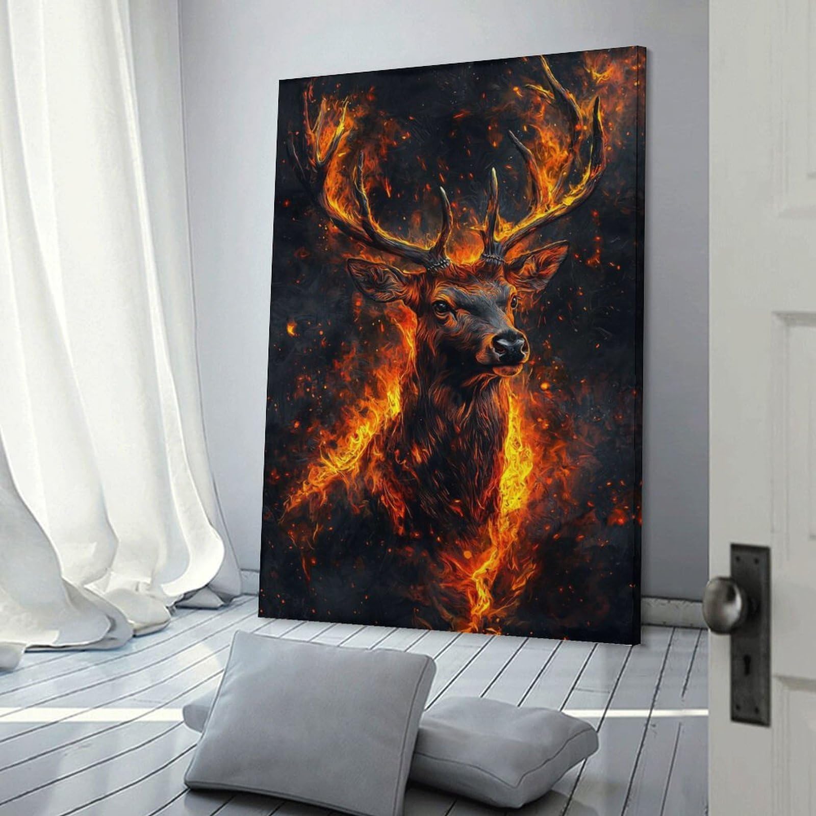 Junmoney Fiery Stag in Flames Canvas Wall Picture, 24x36inch(60x90cm), for Wall Displays, Bedrooms Or Room Updates, Wall Decor Suited to Curated Displays