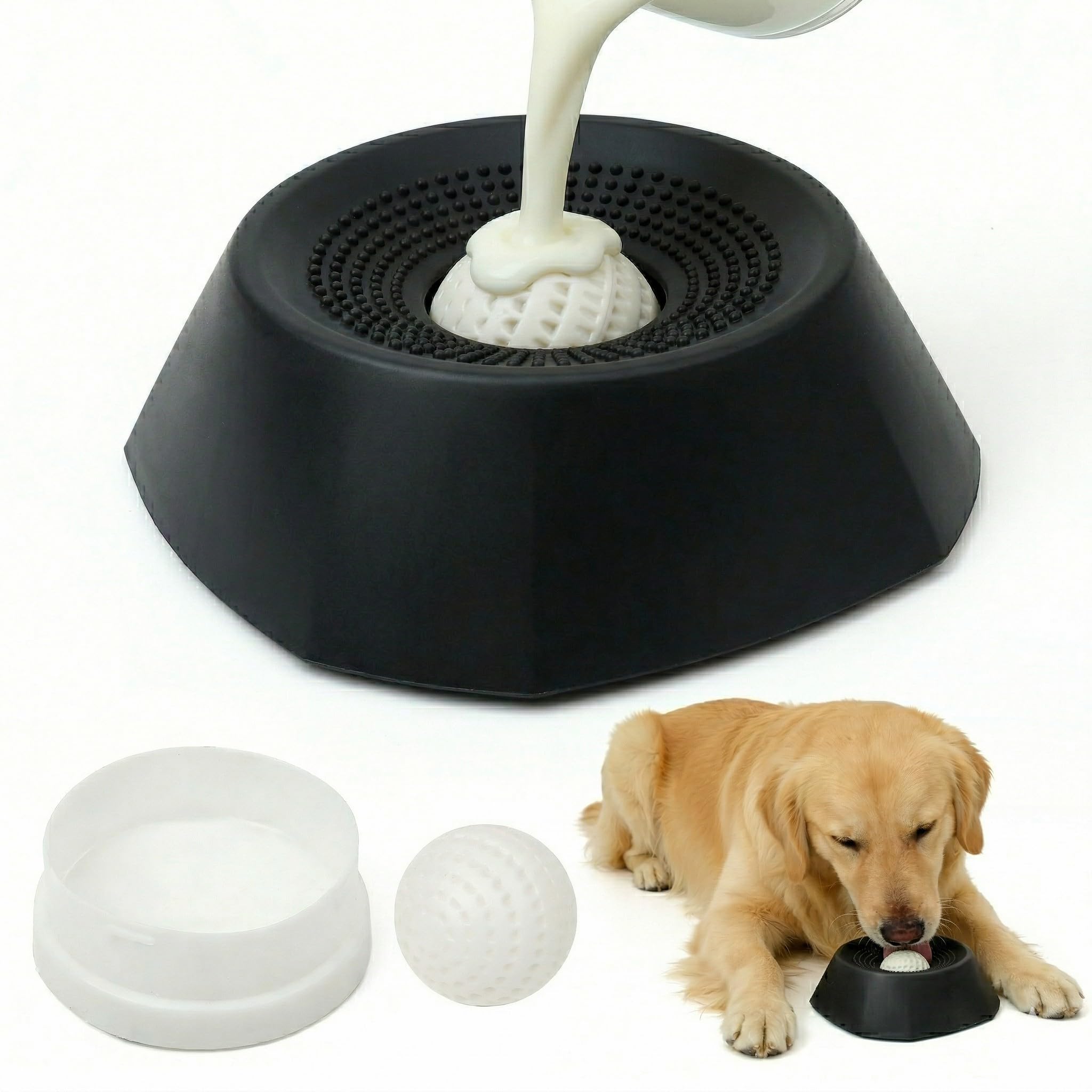 Upgraded Dog Lick Ball - Octagonal Anti-Slip SLow Feeder Dog Bowl, Durable ABS Dog Licking Bowl with Ball & Tongue Cleaner, Dog Lick Toy for Bone Broth & Calm Feeding (Black)