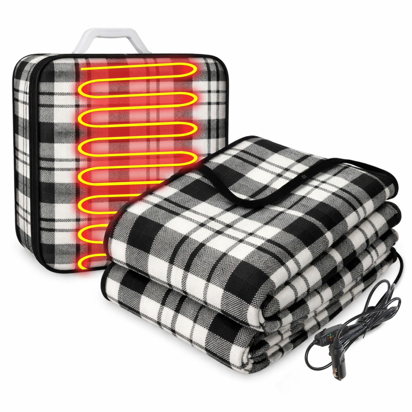 Tuanse 12v Heated Car Blanket Plug in, 58 x 43 Inches, Black White, Stripe