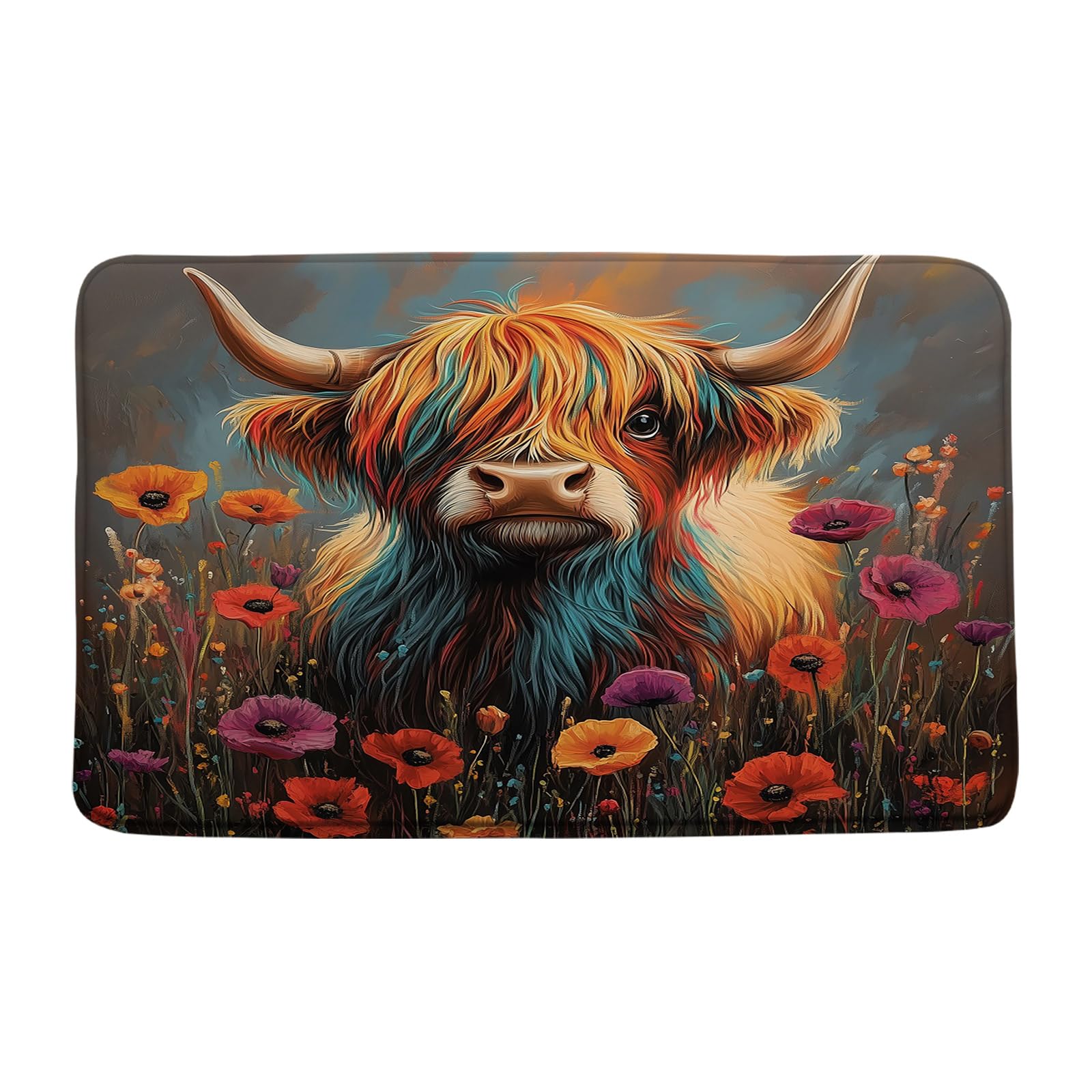 GCTNBJL Highland Cow Bath Mat Rustic Farmhouse Animal Bull Cow Poppy Flower Vintage Oil Painting Home Office Bedroom Doormat Bathroom Toilet Floor Rug