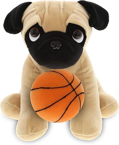 DolliBu Peluche de perro Pug con felpa de baloncesto, perro carlino suave y abrazable, adorable juguete de peluche, juguete de peluche personalizado