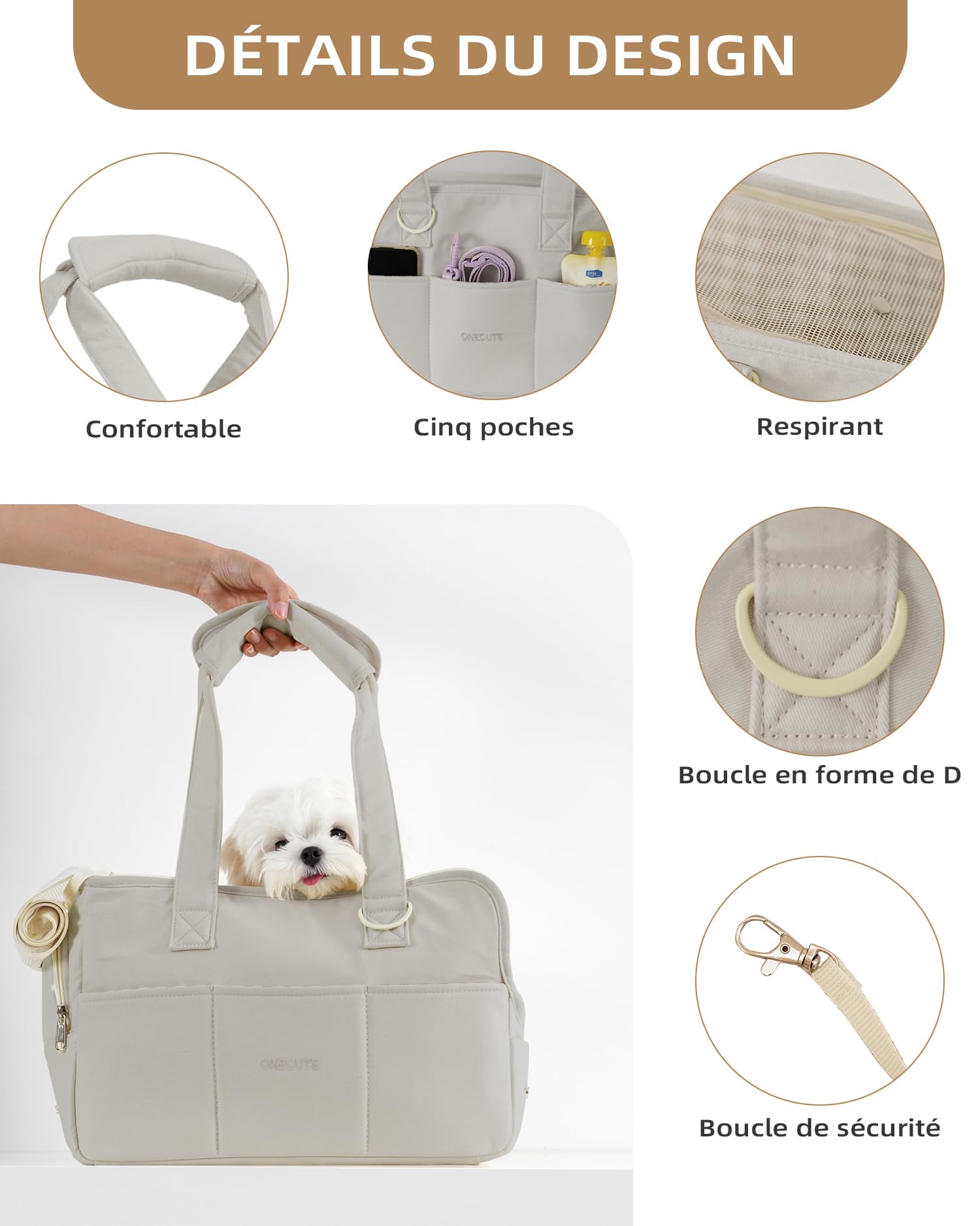 ONECUTE Sac de Transport pour Chat Chien Respirant et Pliable Sac de Voyage Sac à Main Chien pour Petit Animaux Capacité de Charge Jusqu'à 7.5 kg (Medium, Grey)