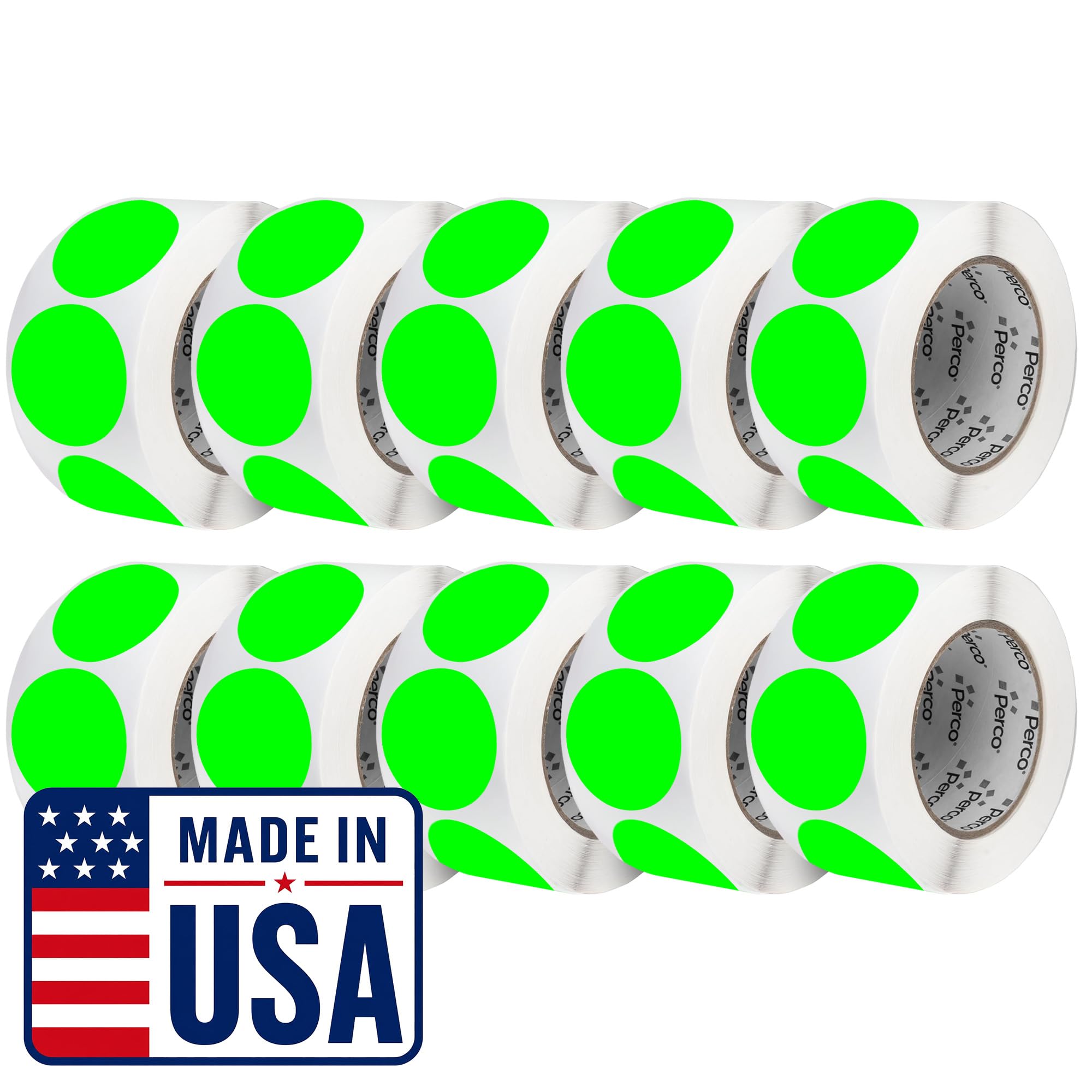 Perco Neon Green Perforated Round Circle Dot Sticker 3-Inch Labels — 10 Rolls, 5,000 Stickers—Available, Ready &amp; Promo Signage, High Visibility, Strong Adhesive —Made in USA