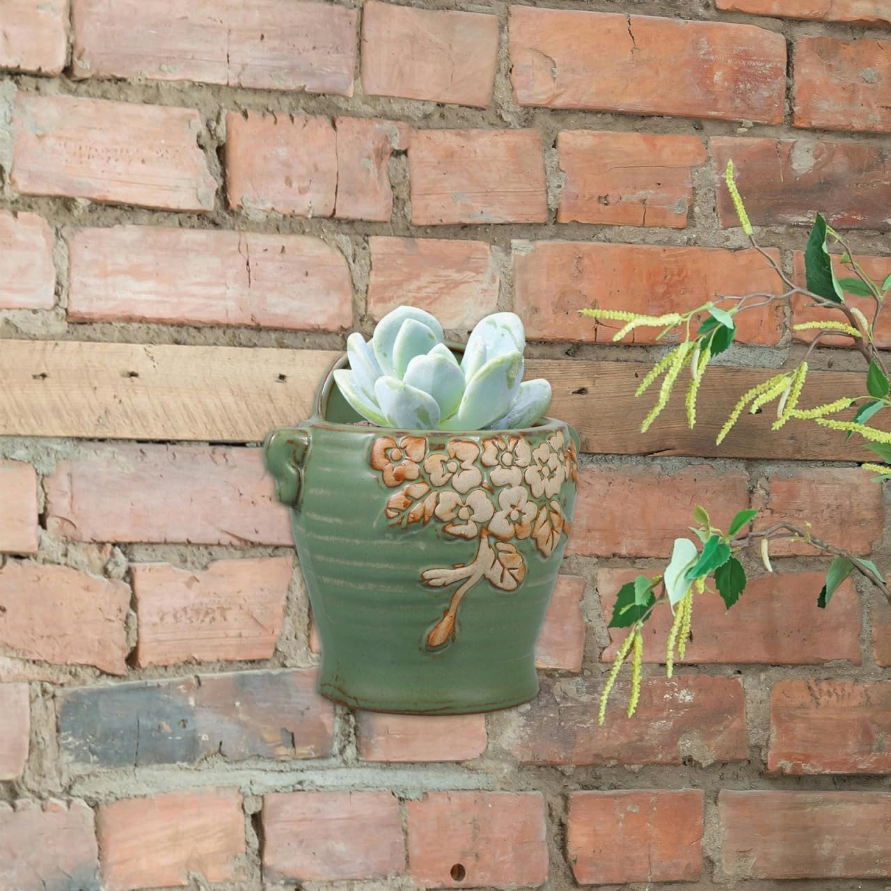 HANABASS Vintage Ceramic Wall Planter - 8 Inch Green Retro Flower Pot for Farmhouse Decor, Indoor/Outdoor Hanging Planter for Succulents, Herbs, Wall Plants