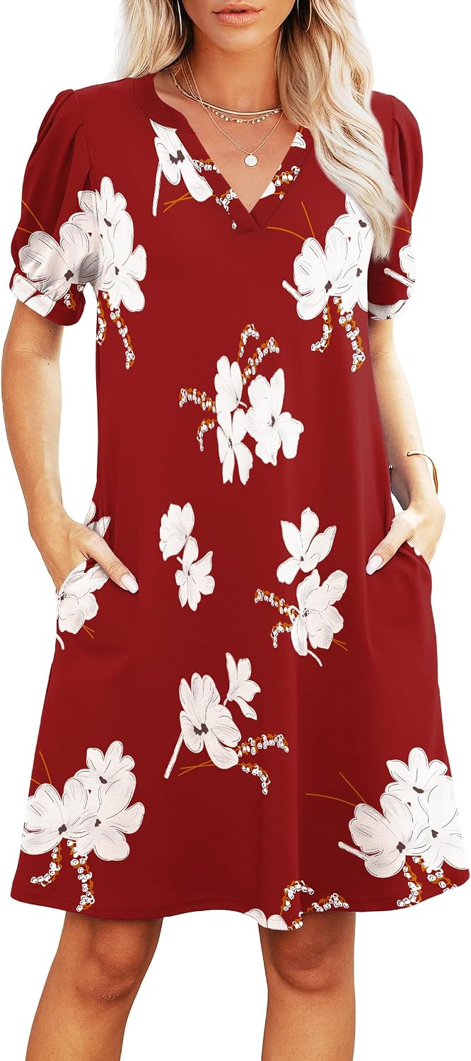 RUMIA V-Neck Summer Casual Sundress for Women- Short Sleeve Swing Beach Dress with Pockets (S-3XL)