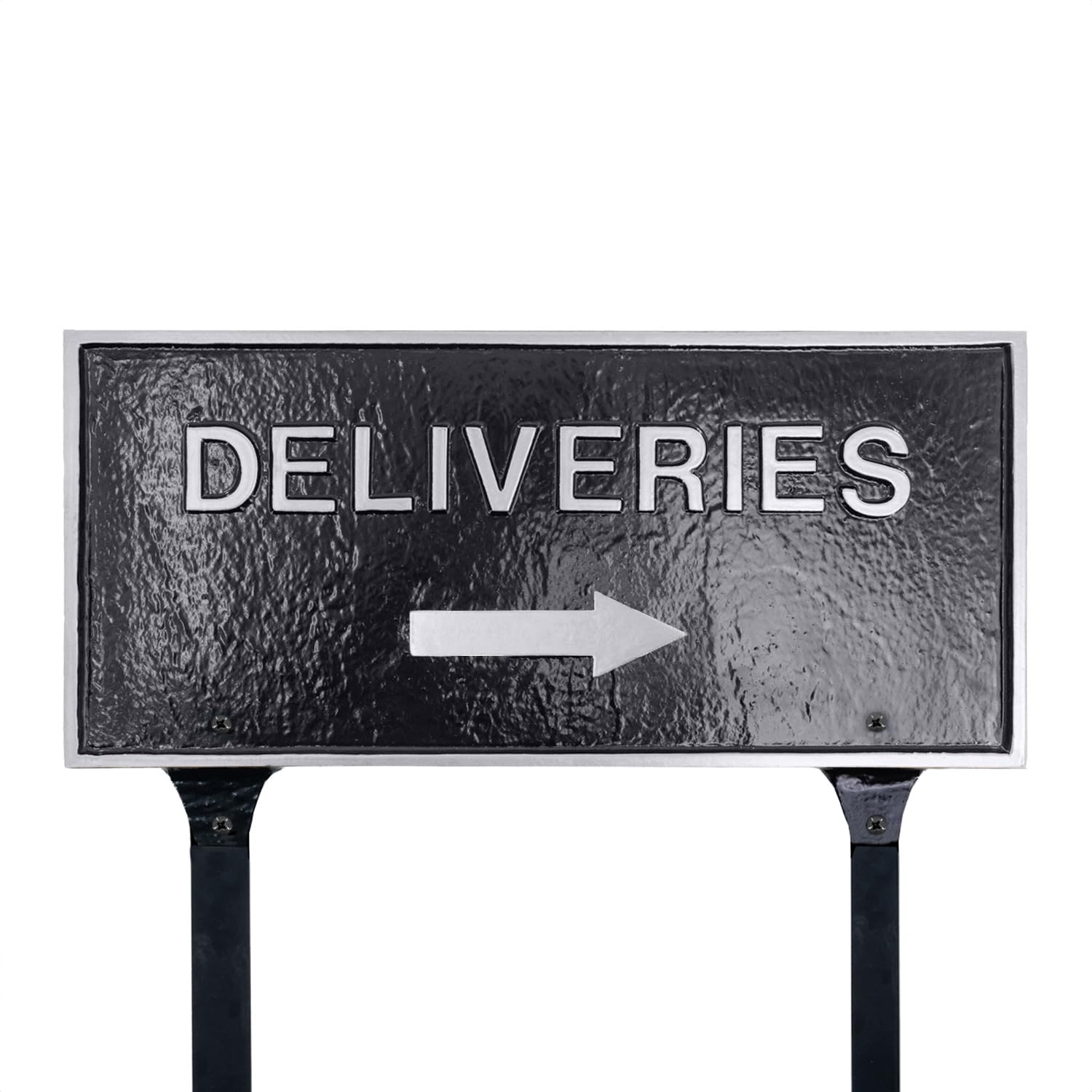 Deliveries with Right Arrow Large Statement Plaque with Lawn Stakes - Black/Silver