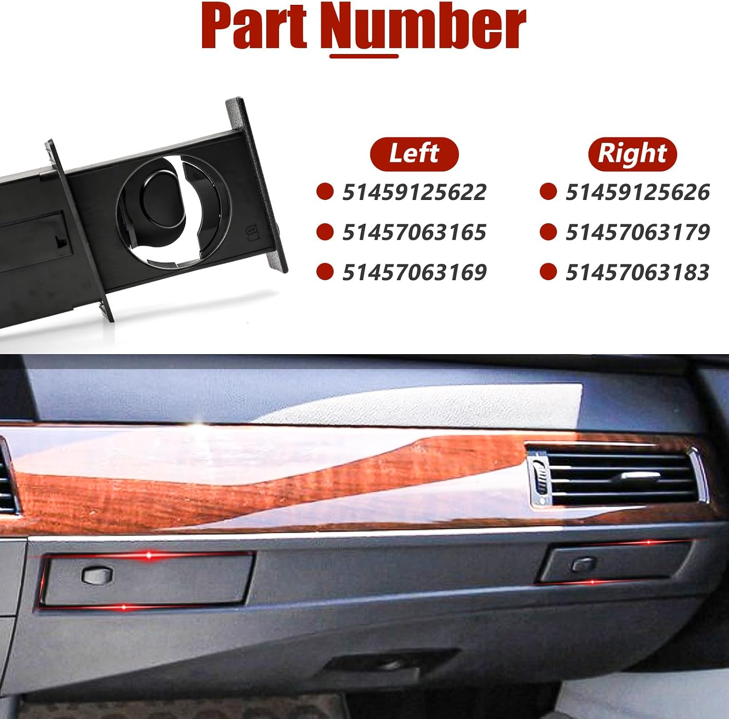 Left Right Side Dashboard Cup Holder for BMW 5 Series E60 E61 525i 525xi 528i 528xi 530i 530xi 535i 535xi 545i 550i M5 2004-2010, Telescopic Beverage Holder, # 51459125622 51459125626 51457063165