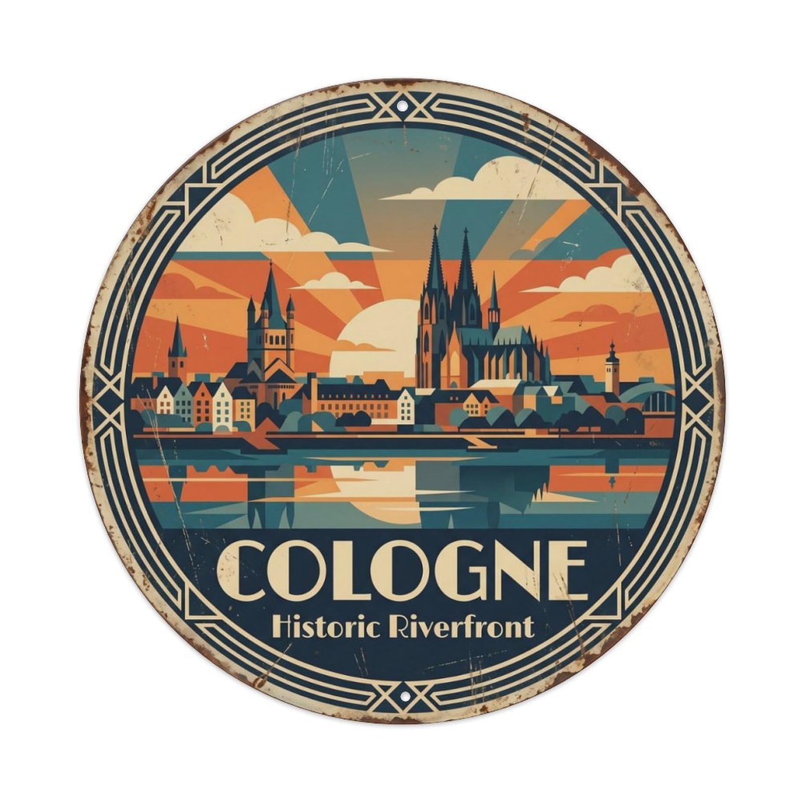 Vintage Travel Cologne Riverfront Germany Metal Tin Sign Plaque Wall Decor for Cafe, Club Bar, Office, Home Garden Round Metal Poster 8x8Inch