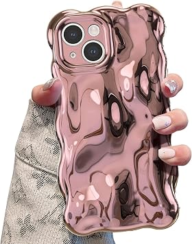 UEEBAI Compatible iPhone 15 Case, Wave Design Smartphone Case, Cute, Popular, Stylish, Thin, Lightweight, Glitter, Glossy Shockproof Wave Bumper Smartphone Case - Rose Gold