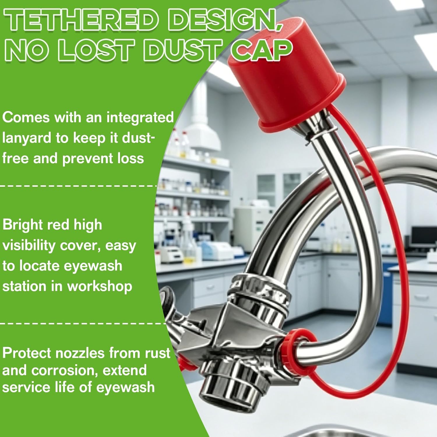 4 Pack 1 in Tethered Dust Covers Emergency Eye Wash Station Caps | 1 in tethered plastic dust caps cover spray heads or outlets, reducing dust, debris and cap loss during maintenance.