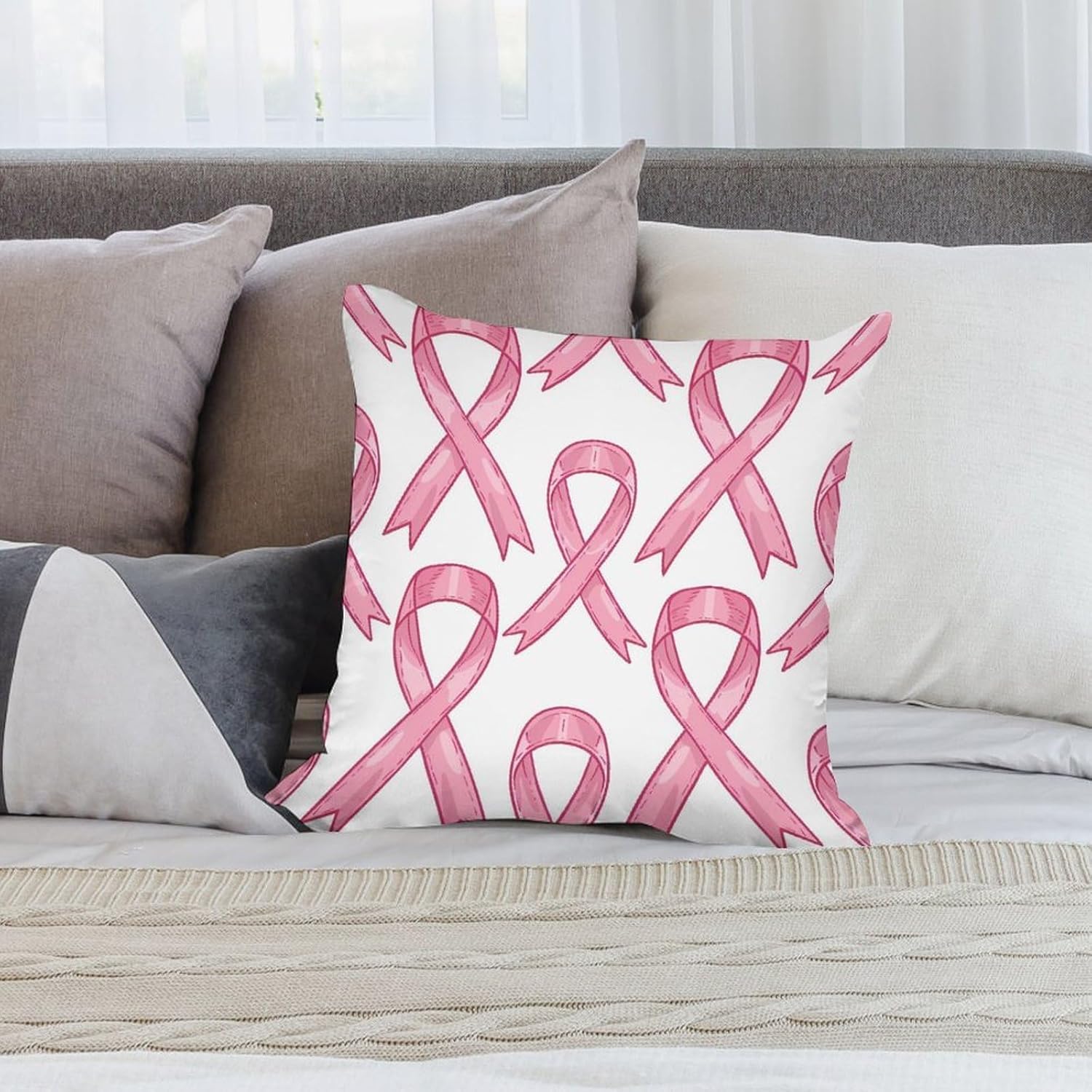 Ribbon Breast Cancer Awareness Printed Throw Pillow Case 4 Pcs Soft Pillowcases Pillows Covers Sofa Bed Decor 12/14/16/17/18/20/22/24/32 Inches