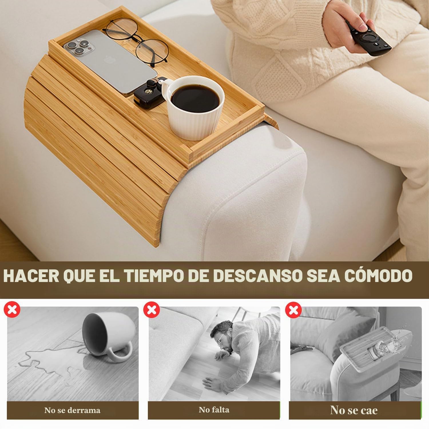 Bandeja para sofá, bandeja plegable de bambú, antideslizante, reposabrazos, mesa para aperitivos, tazas de teléfono móvil