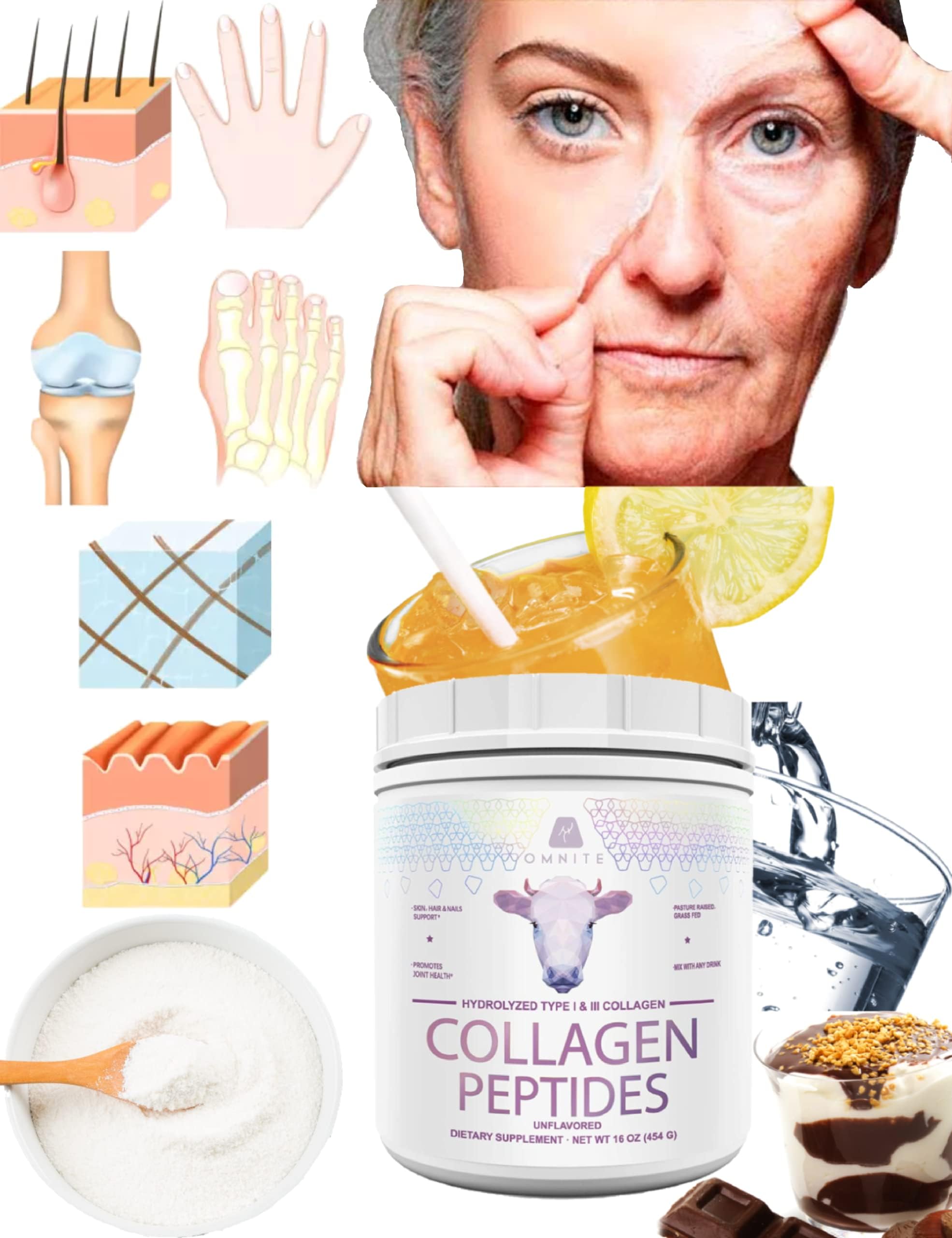 Collagen Peptides Unflavored for Skin/Hair/Nails/Joints/Colon Health,Grass Fed Pasture Raised,Pure Hydrolyzed Type 1&3,Instant Dissolve into Coffee/Juice/Shakes,Sugar Free,Non-GMO(41 Servings)