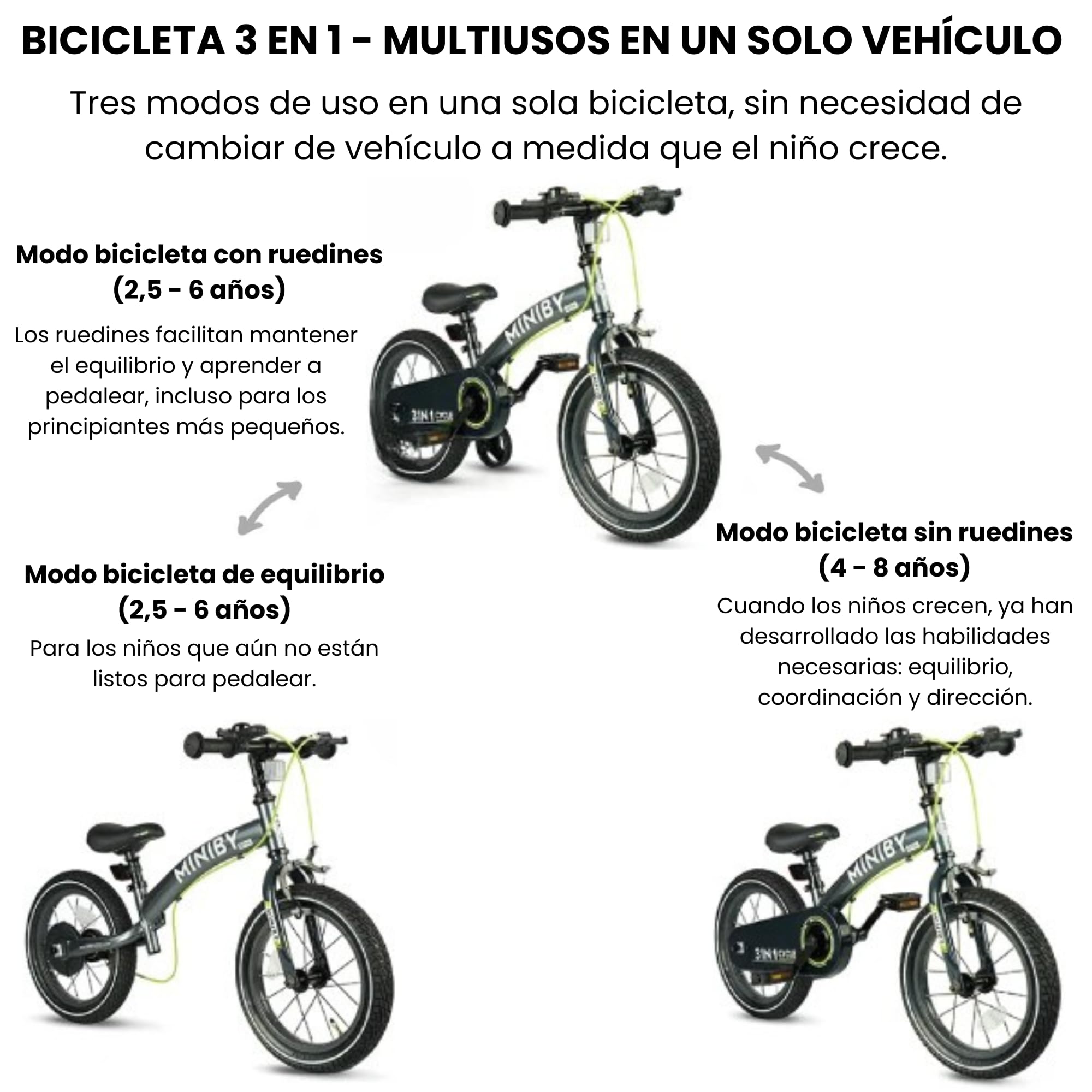 QPLAY Bicicleta Infantil Miniby 3 en 1, Modo Sin Pedales, con Ruedines y con Pedales, Ajustable, Ergonómica y Evolutiva Niños de 2,5 a 8 Años