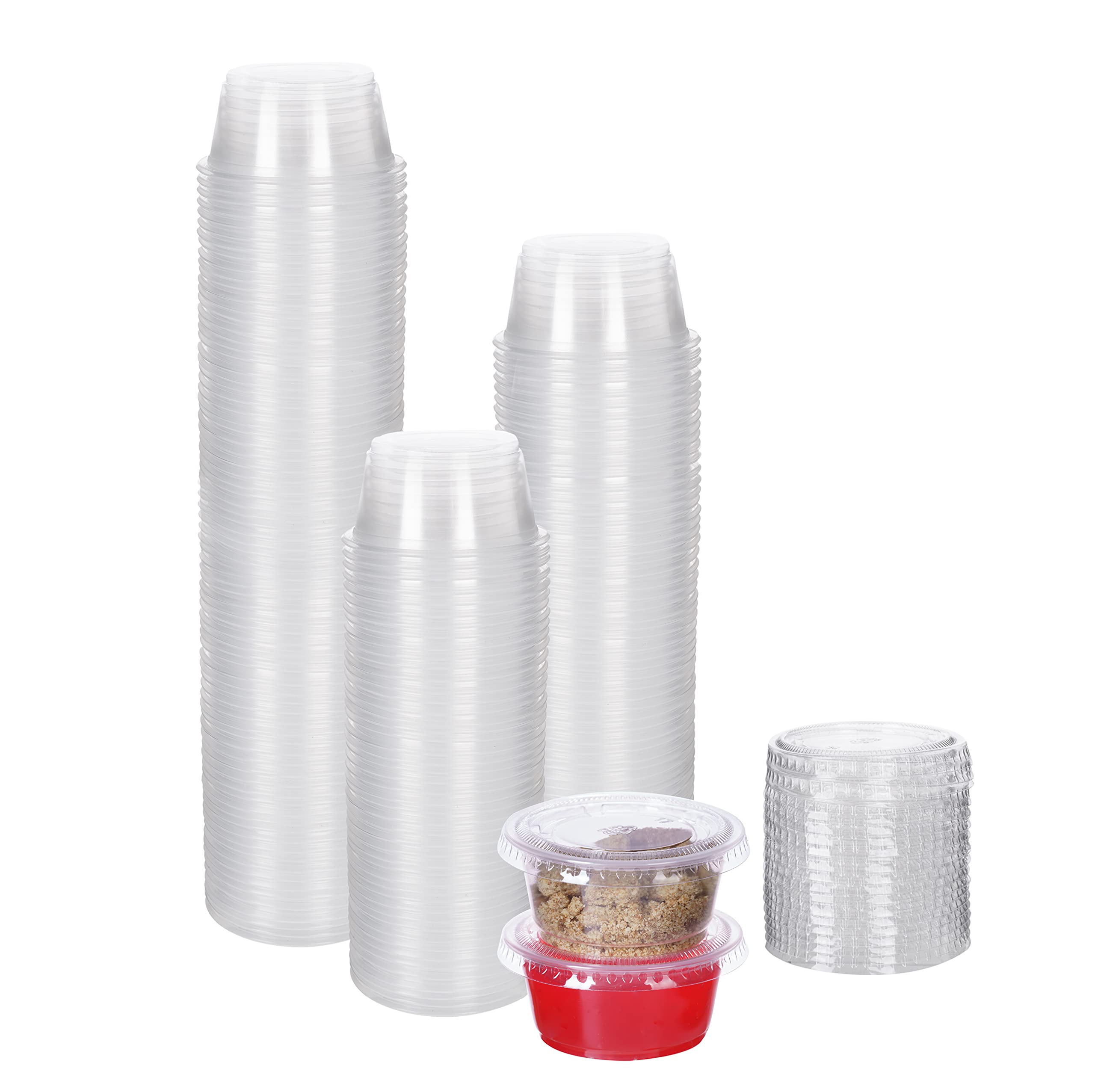 [500 juegos de 2 onzas] Vasos desechables de plástico para soufflé/porciones con tapas a granel, perfectos para vasos de chupito, condimentos, coberturas, aderezos, muestras