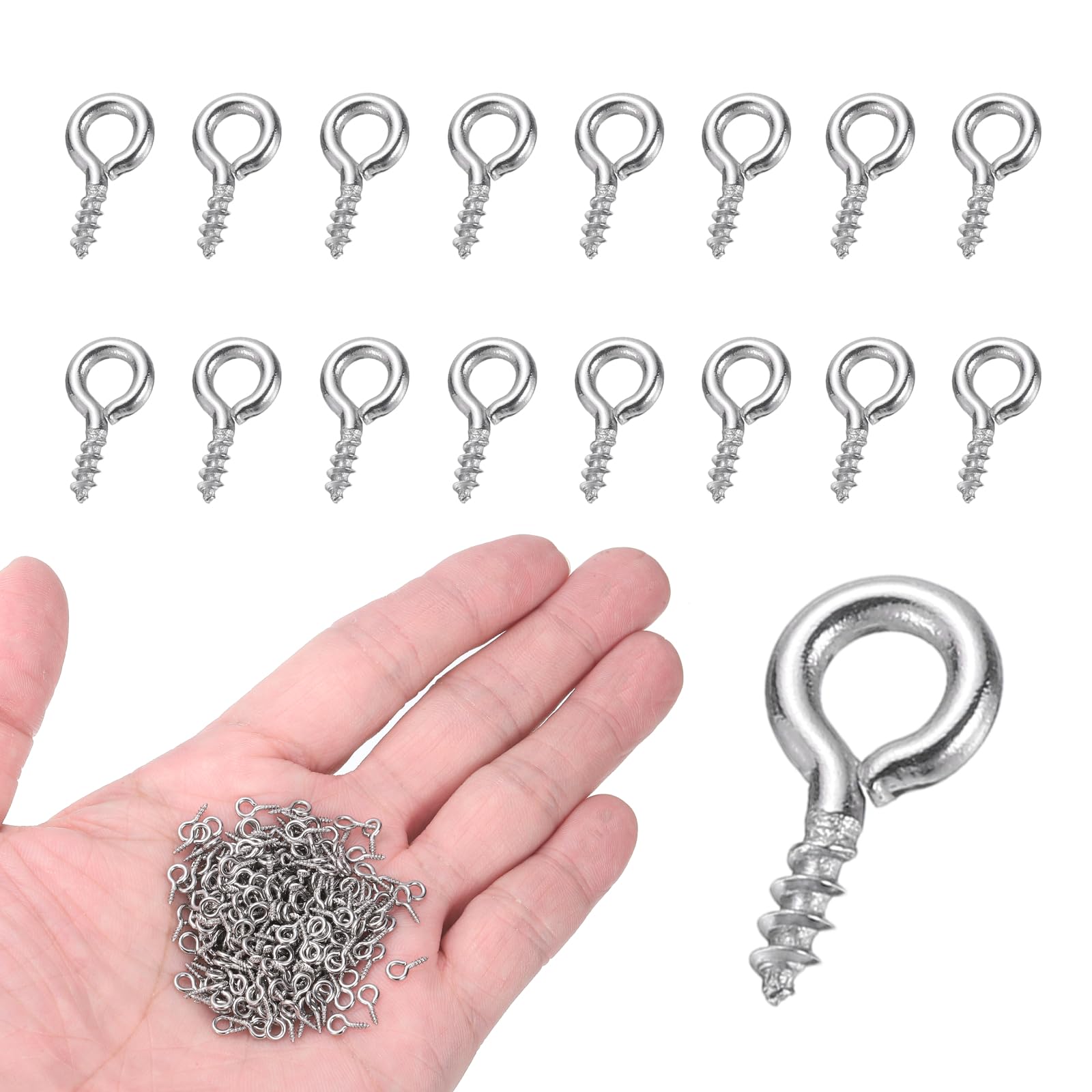 sourcing map 250Pcs Screw Hooks Eyes, M1x8mm 304 Stainless Steel Small Eye Bolts Screw, Self Tapping Eye Bolts Closed-End for DIY Handwork Wooden Clay Pendants Cork Bottles, Silver Tone