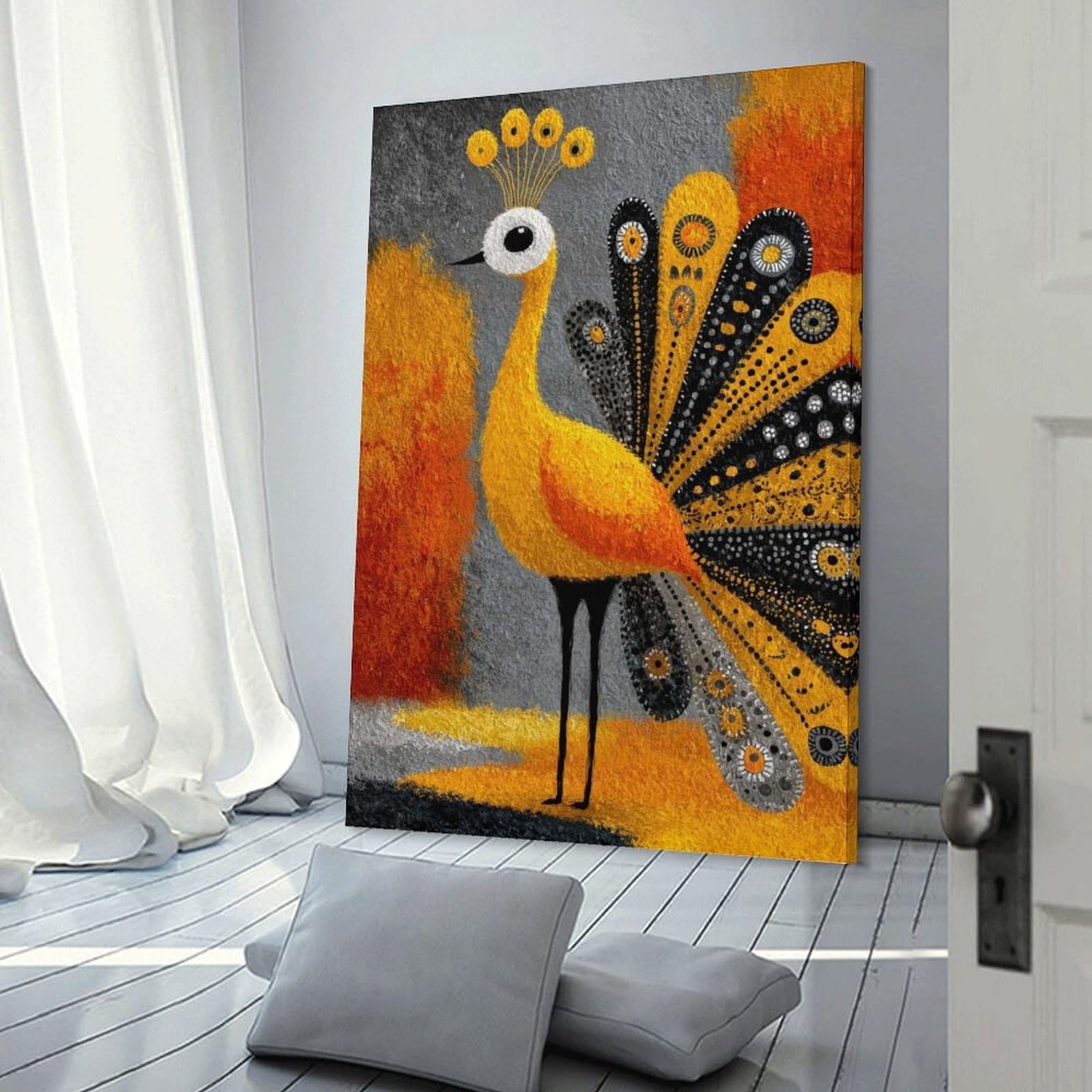 Junmoney Stylized Peacock Illustration with Abstract Background Canvas Art Print 20x30inch(50x75cm), for Feature Walls in Flats Or Modern Rooms, Ideal for Building A Coordinated Art Wall