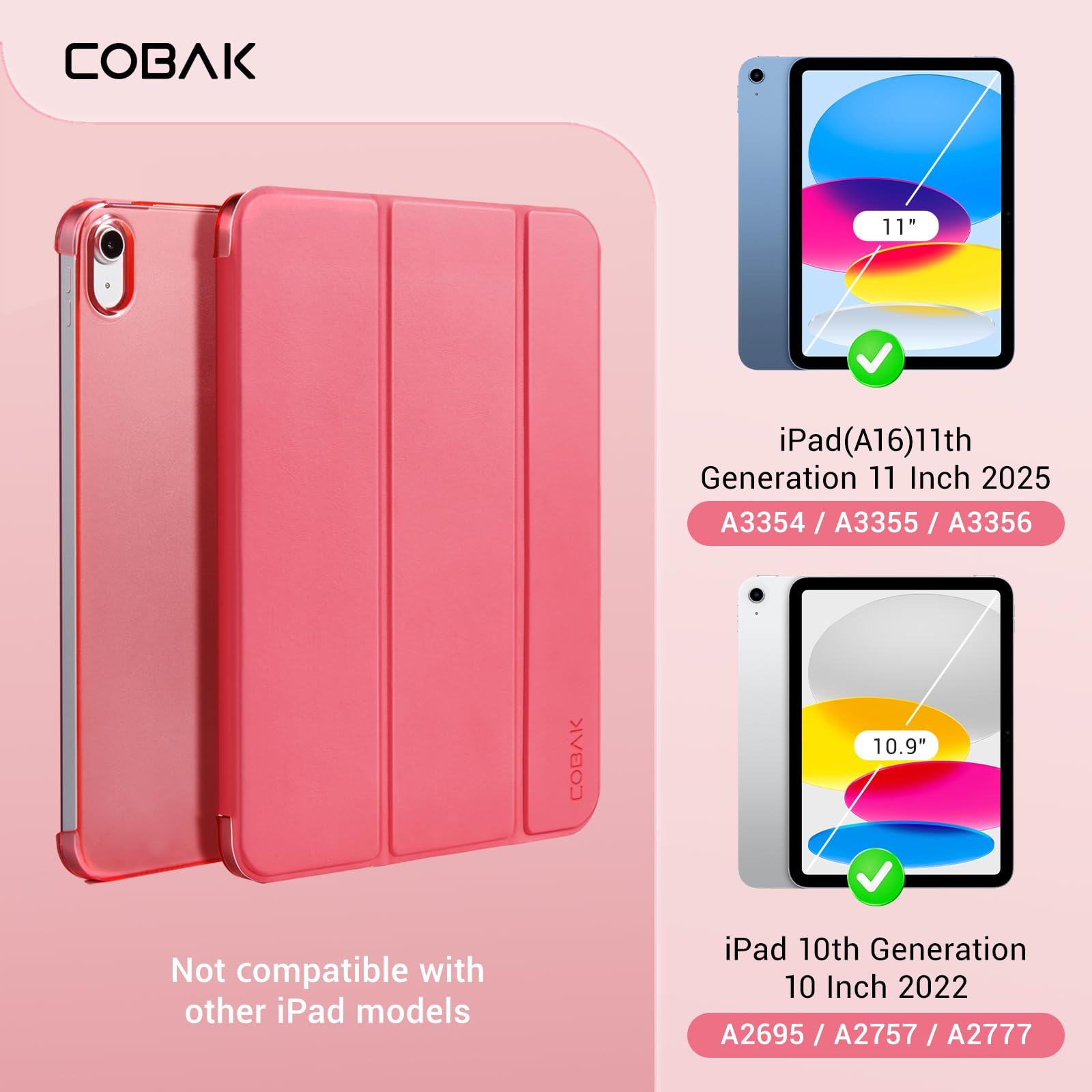 CoBak Funda para iPad A16 11.ª Gen 11" 2025 & iPad 10.ª Gen 10,9" 2022: Funda Fina con Parte Trasera rígida Transparente, Compatible con Touch ID, Fucsia — view 6