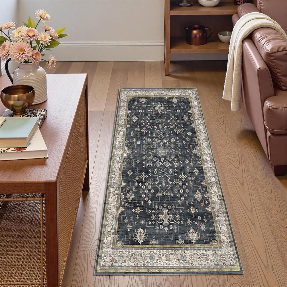 Tappeto Passatoia Antiscivolo 4.5 Metri, Tappeto da cucina lavabile, Tappeto Corridoio Interno Lungo per Ingresso Cucina Camera da Letto Casa，120 x 450 cm,Grigio，Motivo Floreale Boho