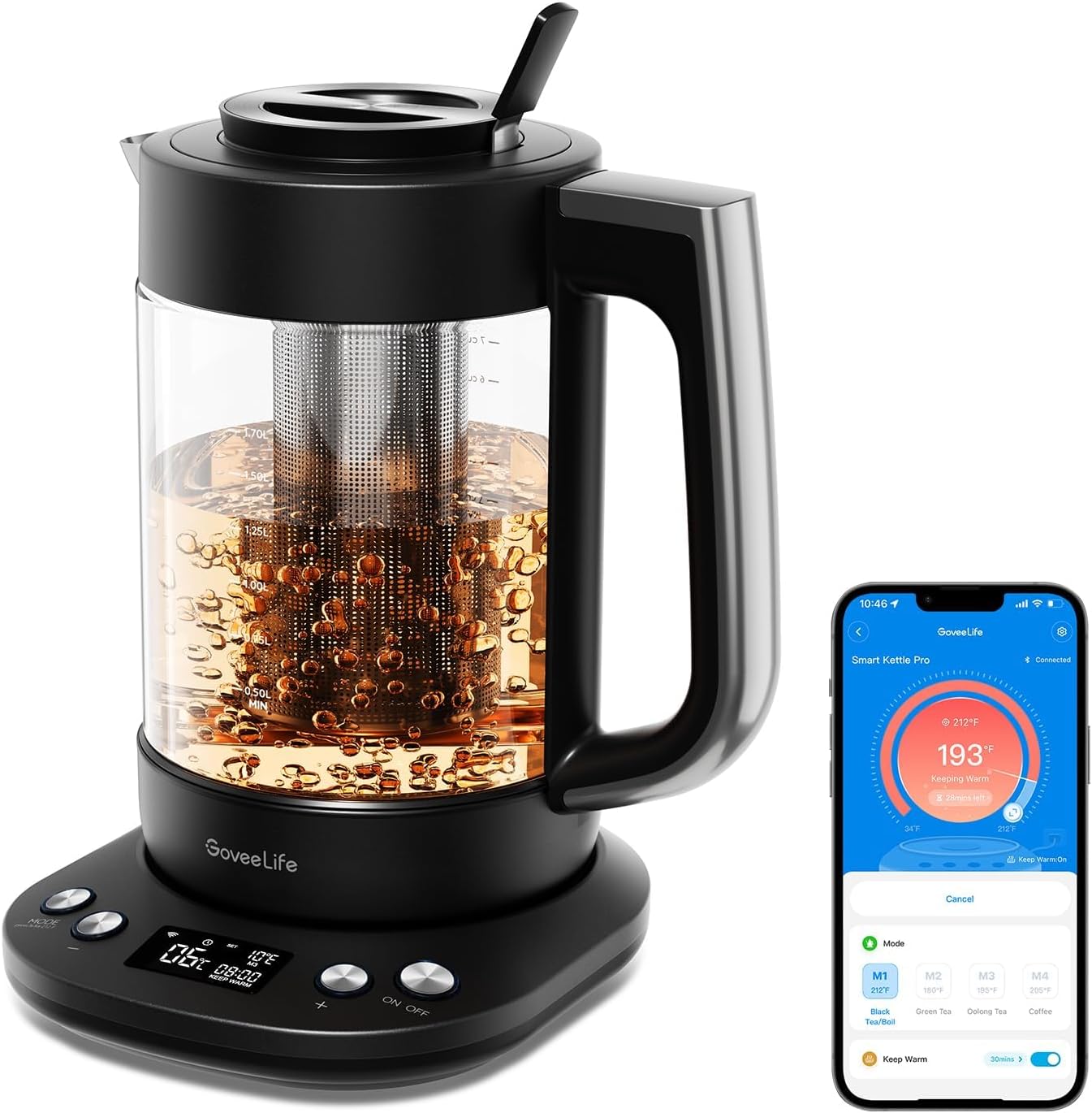 Smart Electric Kettle with Tea Infuser for Loose Leaf, 1.7 L Electric Tea Kettle with Brewing Program, Variable Temperature Control, 2 H Keep Warm & Auto Shut-Off, BPA Free. Black