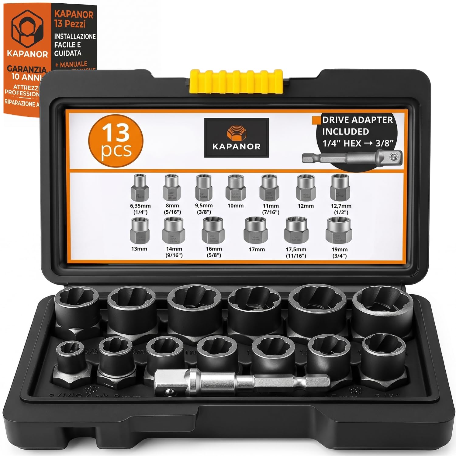 Estrattore Viti Spanate Kit 13 Bussole per Avvitatore 6,35-19mm + Adattatore HEX - Bulloni Antifurto Ruote Auto Estrattori Viti Danneggiate - Scanalature Inverse Cricchetto 3/8" Trapano Moto ✯KAPANOR✯