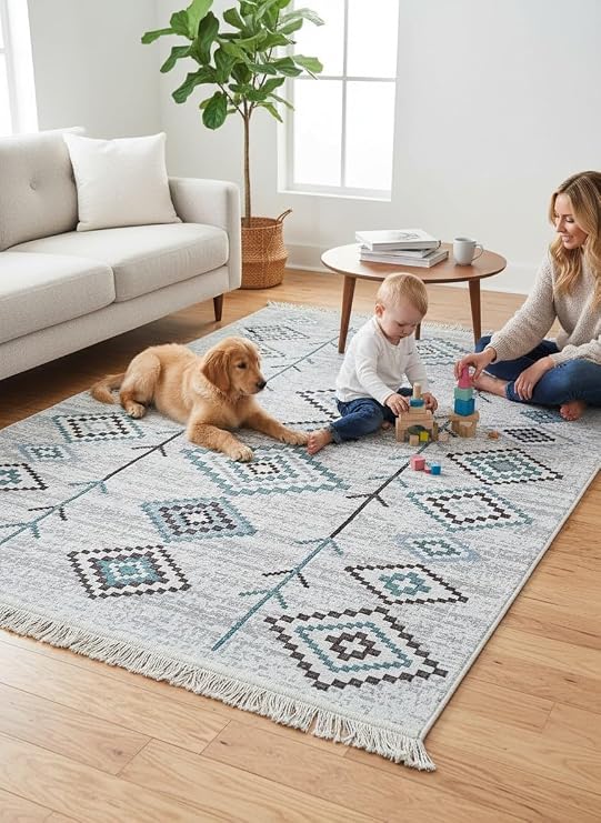 Rug Double Sided Usable Machine Washable Woven Rug OutdoorGreen-Cream