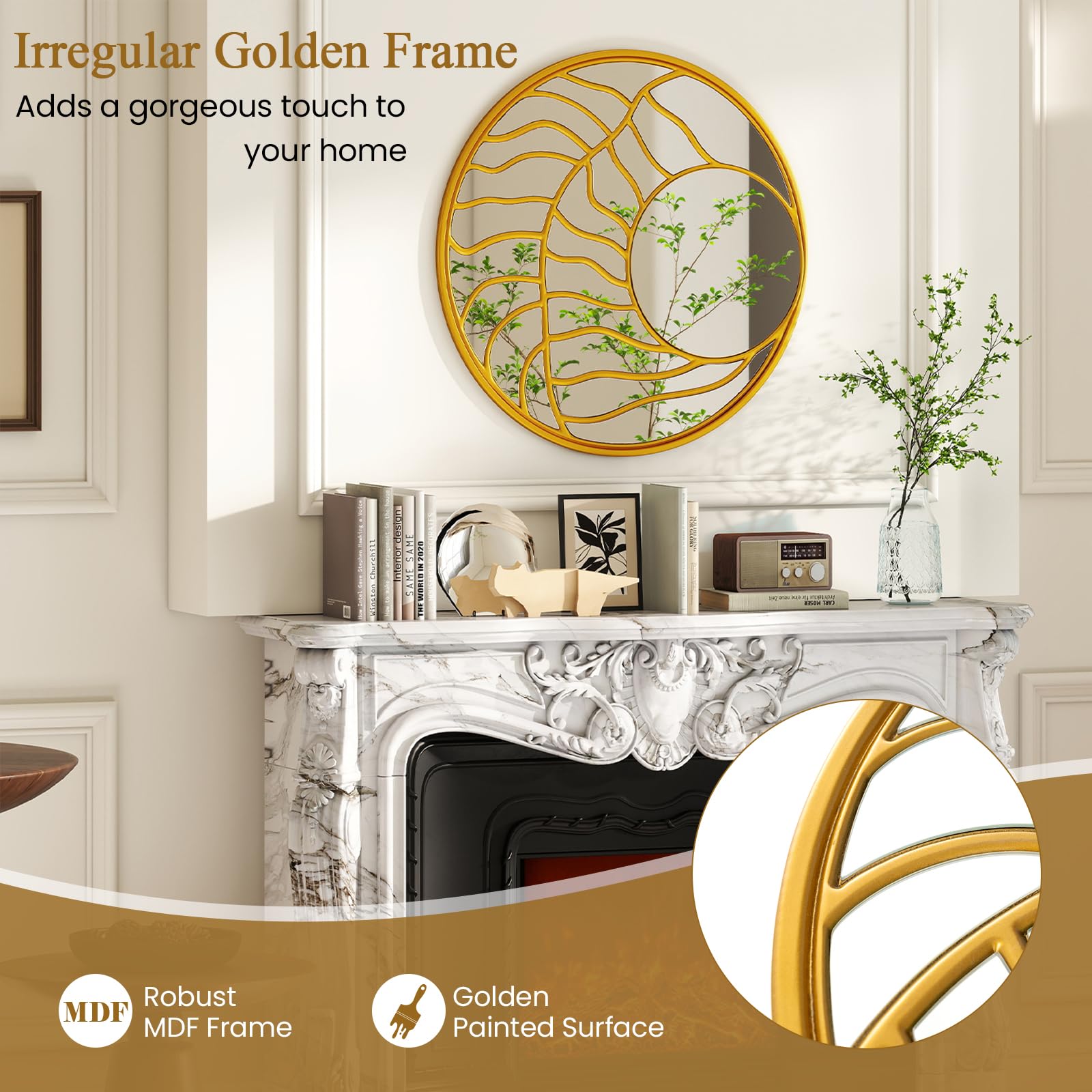 LIFEZEAL Specchio da Parete Rotondo, 80cm, Specchio Decorativo con Cornice Dorata, per Ingresso, Salotto, Camera da Letto, Bagno, Moderno, Appendere a Muro, Alta Definizione, Sicuro, Mirror