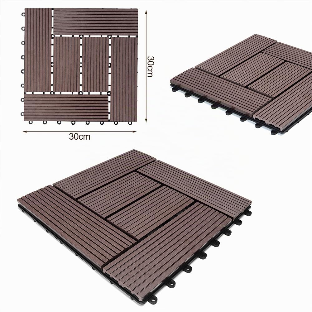 BAKAJI Juego de 11 piezas de azulejos WPC para jardín exterior, patio, balcón, suelo con drenaje de agua, azulejos de montaje empotrado, resistente a los agentes atmosféricos, diseño incrustado
