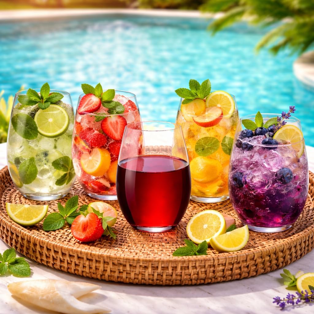 Oojami 36 Pack Stemless Plastic Wine Glasses 10 oz - Crystal Clear Disposable Wine Cups, Shatterproof BPA-Free Recyclable, Unbreakable Cocktail Cups for Parties, Weddings, Pool, Outdoor Events