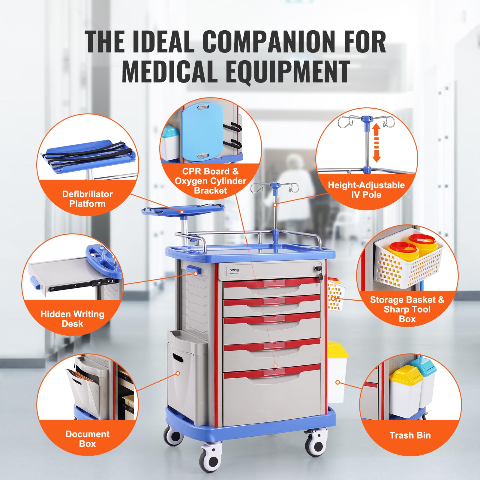 VEVOR Carro de Laboratorio de 5 Niveles Médico con 5 Cajones y 4 Ruedas Silenciosas Móvil PP Azul