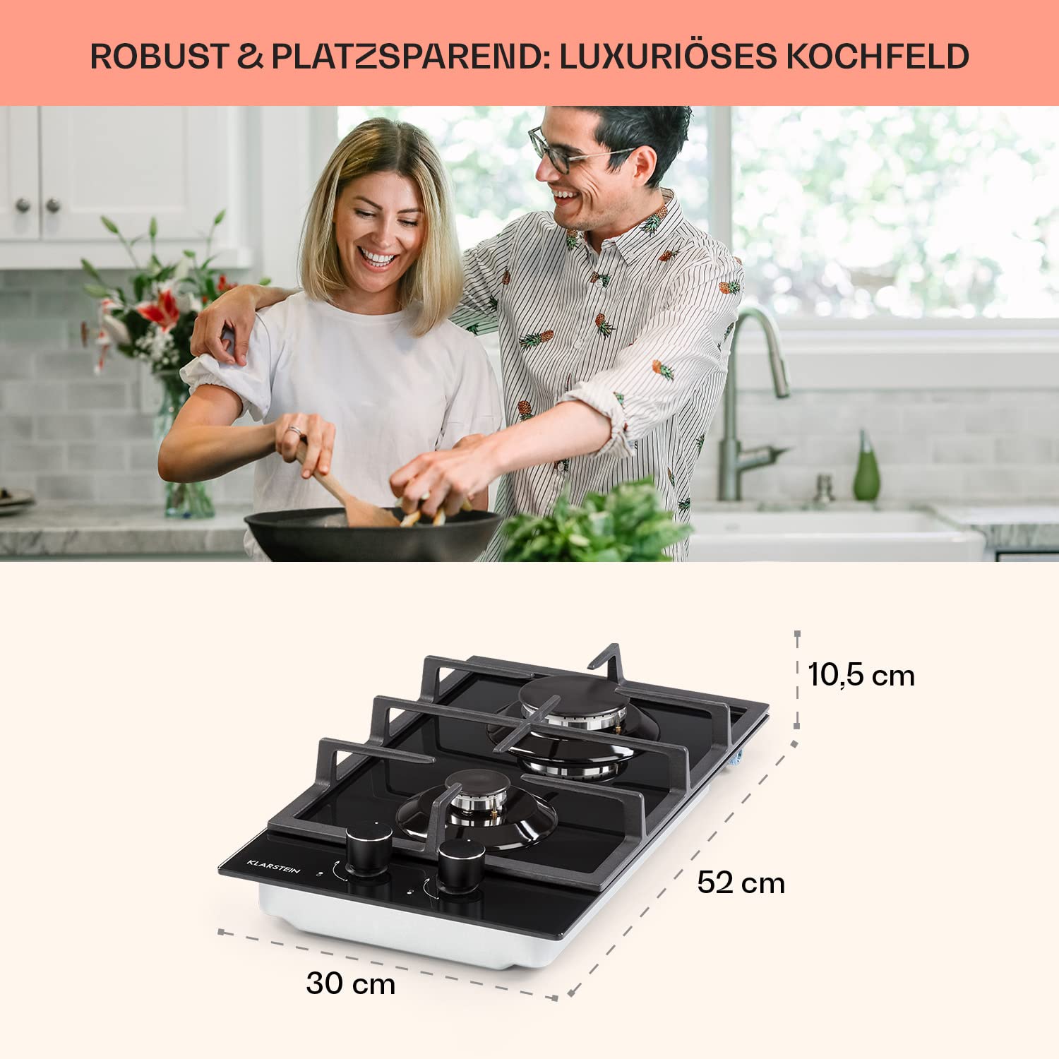 Klarstein Gasherd, Gaskochfeld 4 Flammig, Einbau-Gaskocher für Zuhause & Wohnmobil, Edelstahl Campingkocher, Gasherd für Propan- und Erdgas, Gas-Herdplatte mit Wok Brenner, Gas Kocher 4000 Watt