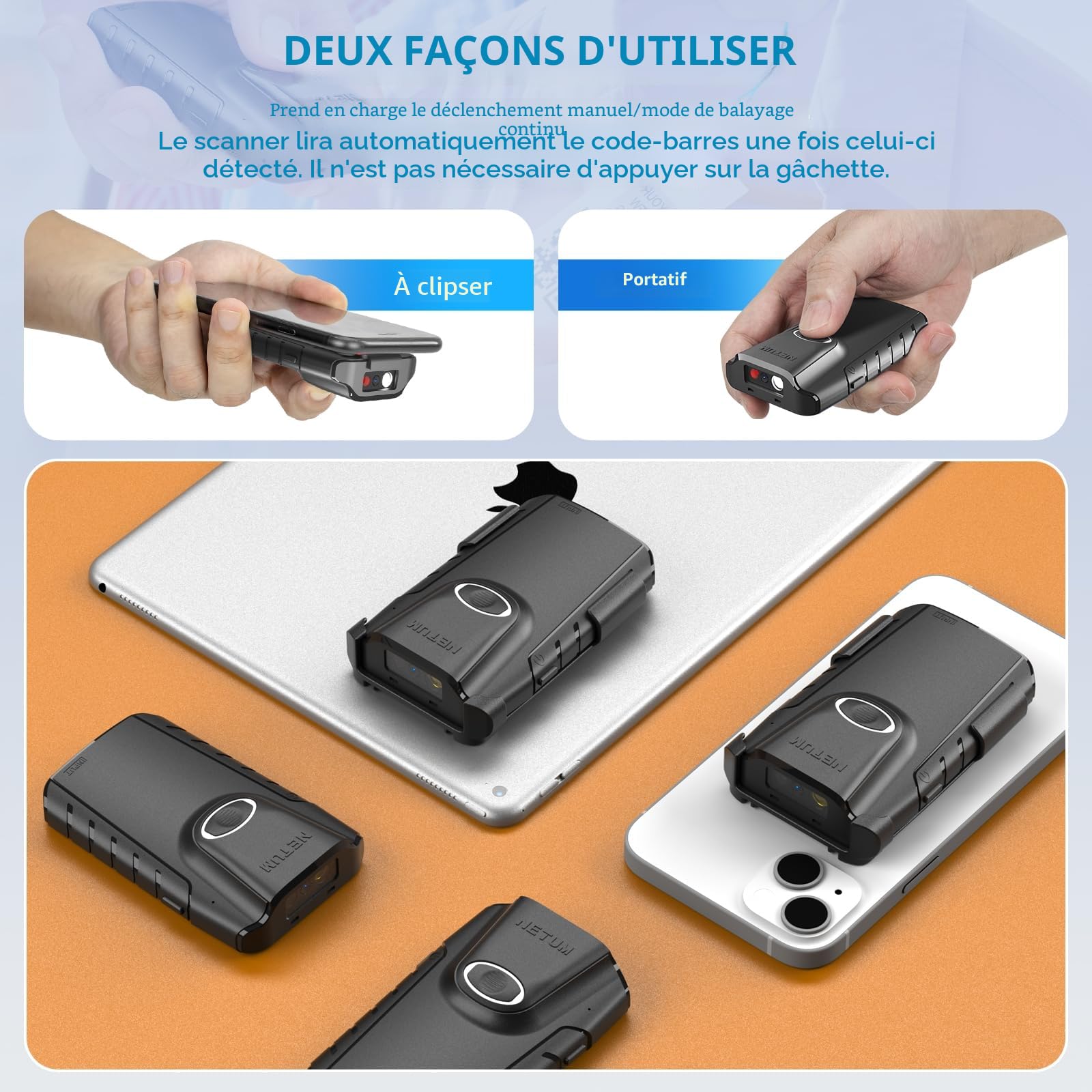 NETUM Bluetooth 2D Barcode Scanner, 3-in-1 Small Portable QR Bar Code Reader Automatic Wireless Gun Scan Back Clip Work with Tablet iOS Android Windows MacOS for Warehouse Inventory POS