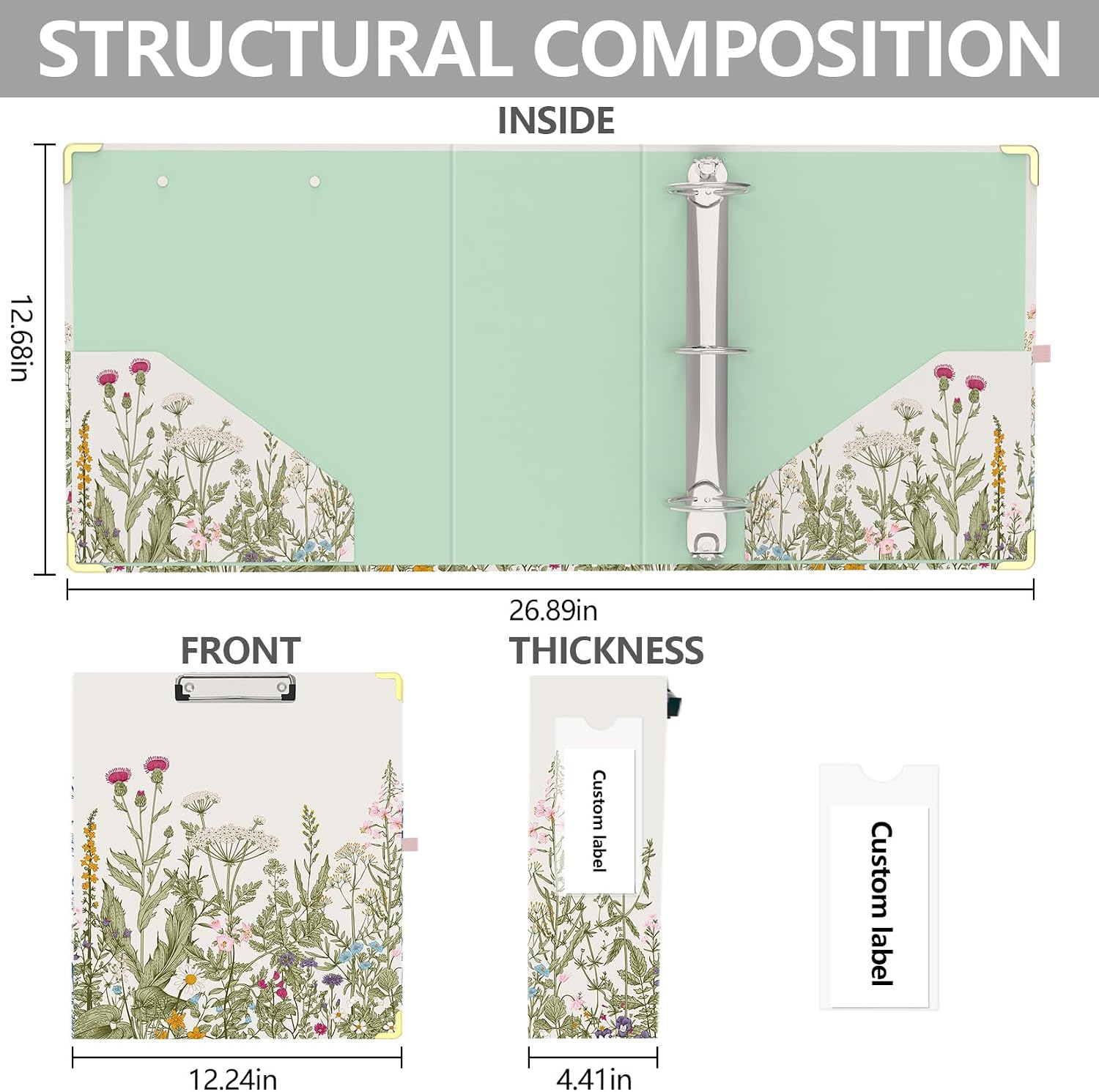 3 Ring Binder 3 Inch, Cute Decorative Hardcover Low Profile Clipboard with Storage, 3'' Round Ring Binders for Letter Size Paper, Durable Binder Organizer for School Office Supplies(Garden Flowers)