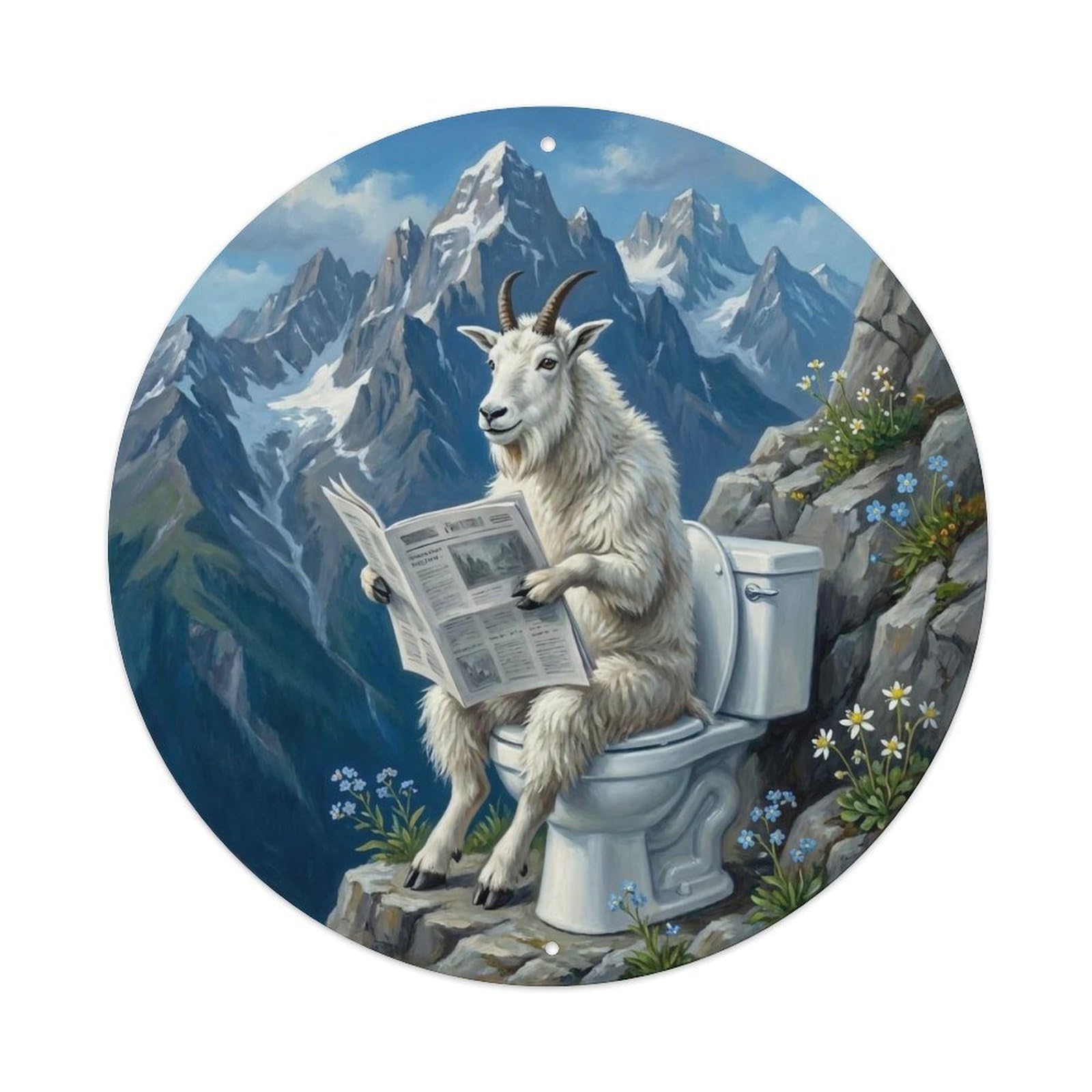 Goat On Toilet Humorous Bathroom Rocky Cliff Perch Metal Tin Sign