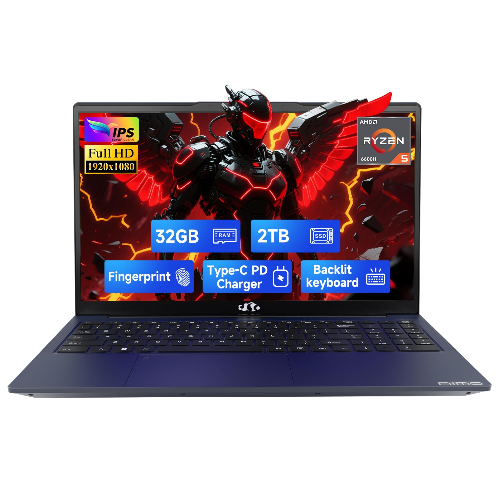 NIMO 15.6" IPS FHD-Gaming-Laptop, 6 Cores AMD Ryzen 5 6600H 32GB DDR5 RAM 2TB SSD (Beat i7-1165G7 up to 4.5GHz) 660M 6nm GPU-Computer with 100W Type-C Backlit Keyboard, Fingerprint