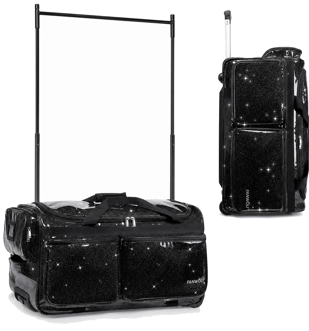 Fanwoli Tanztasche mit Kleiderständer, glitzernder, wasserdichter Stoff und verbessertes stabiles System, Shine-Bright-Kollektion, ideale Wettkampf-Reisetasche für Tänzer, Sportler, Livestreamer