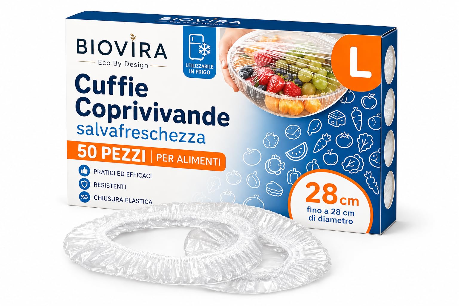 BIOVIRA Cuffie Coprivivande 50 Pezzi Taglia L fino a 28 cm, Copri Alimenti Elasticizzati Salvafreschezza per Piatti, Ciotole e Contenitori, Coperchi Trasparenti con Chiusura Elastica