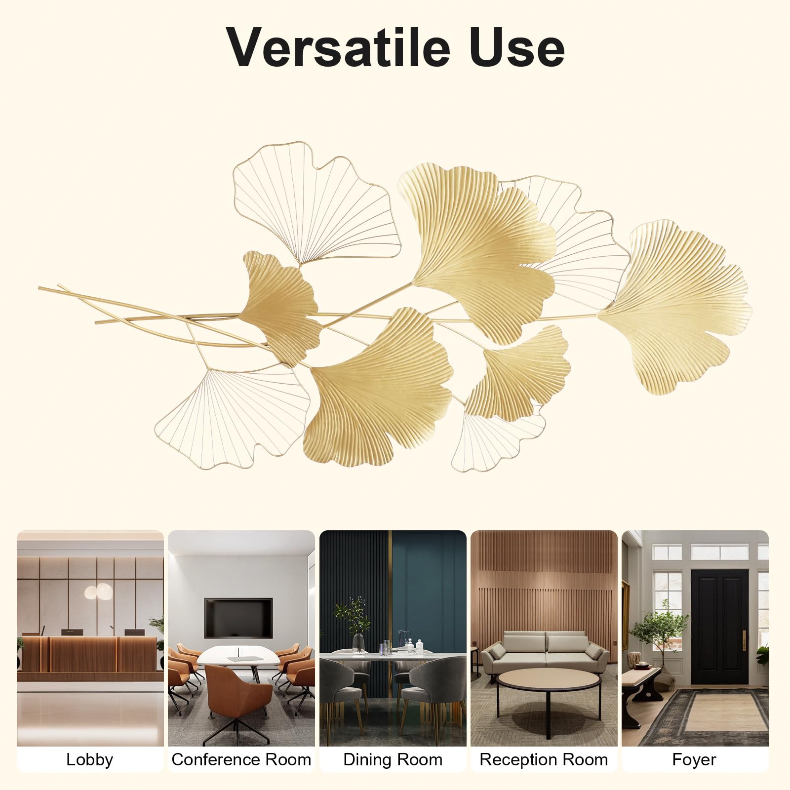 Decorazione da parete in metallo a forma di foglia di ginkgo dorata decorazione 3D per soggiorno, adatta per abitazioni, ville, alberghi, ristoranti e locali commerciali pubblici, dimensioni 109 × 55
